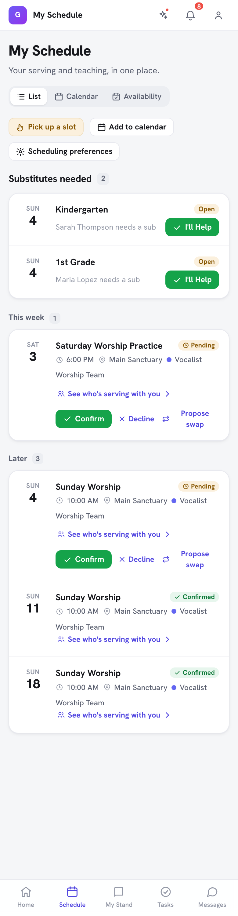 My Schedule in the portal — an upcoming serving slot with its time, position and team, the Pending status, the Confirm and Decline buttons, and the See who's serving with you link
