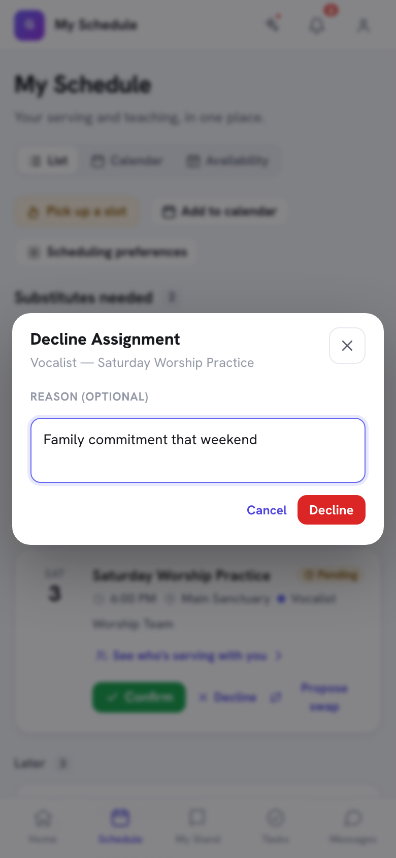 The Decline Assignment dialog with the position and event name, the Reason (optional) box, and the Cancel and Decline buttons