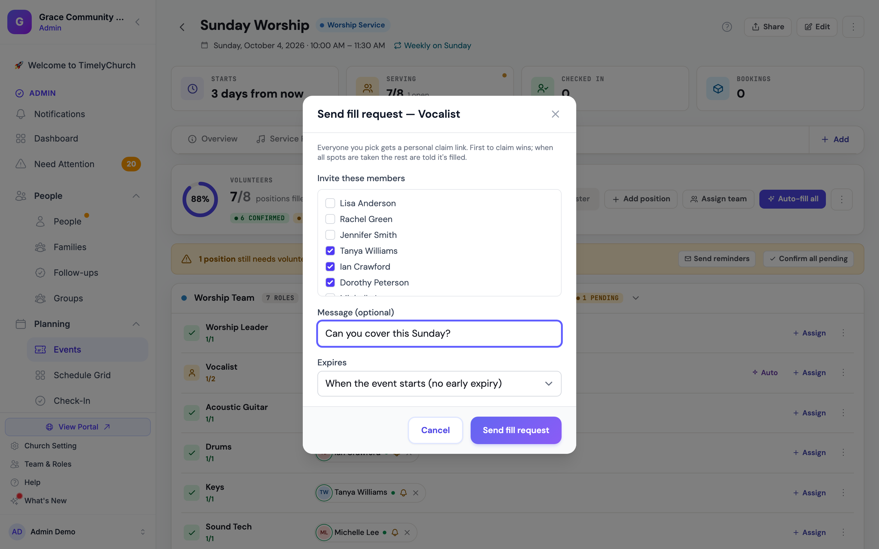 The Send fill request dialog for the Vocalist position — the explanation that the first to claim wins, the Invite these members checklist with three people ticked, the Message (optional) field, the Expires choice, and the Send fill request button