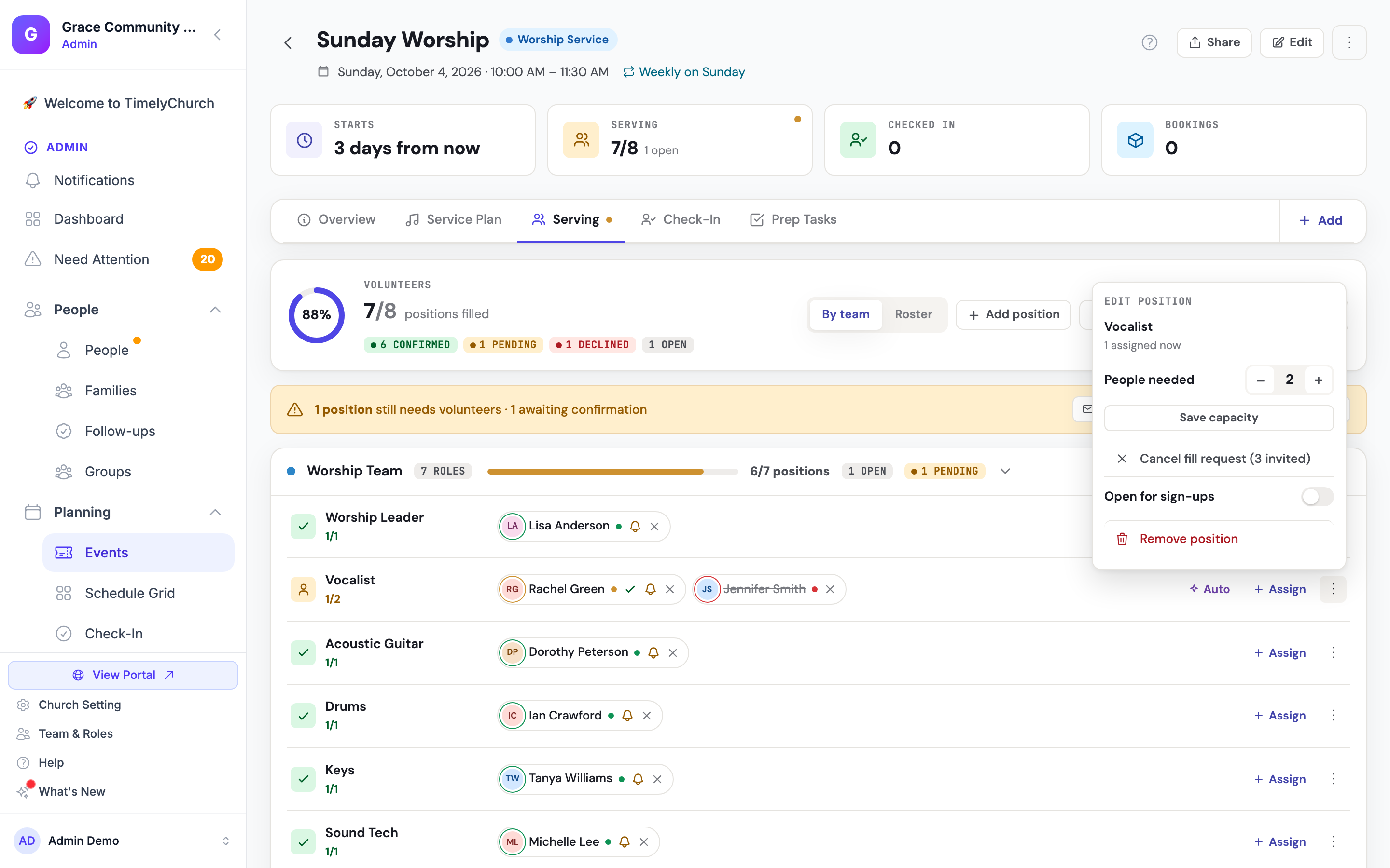 The Edit position menu on a position with an open fill request — the People needed stepper, Cancel fill request (3 invited), the Open for sign-ups switch, and Remove position