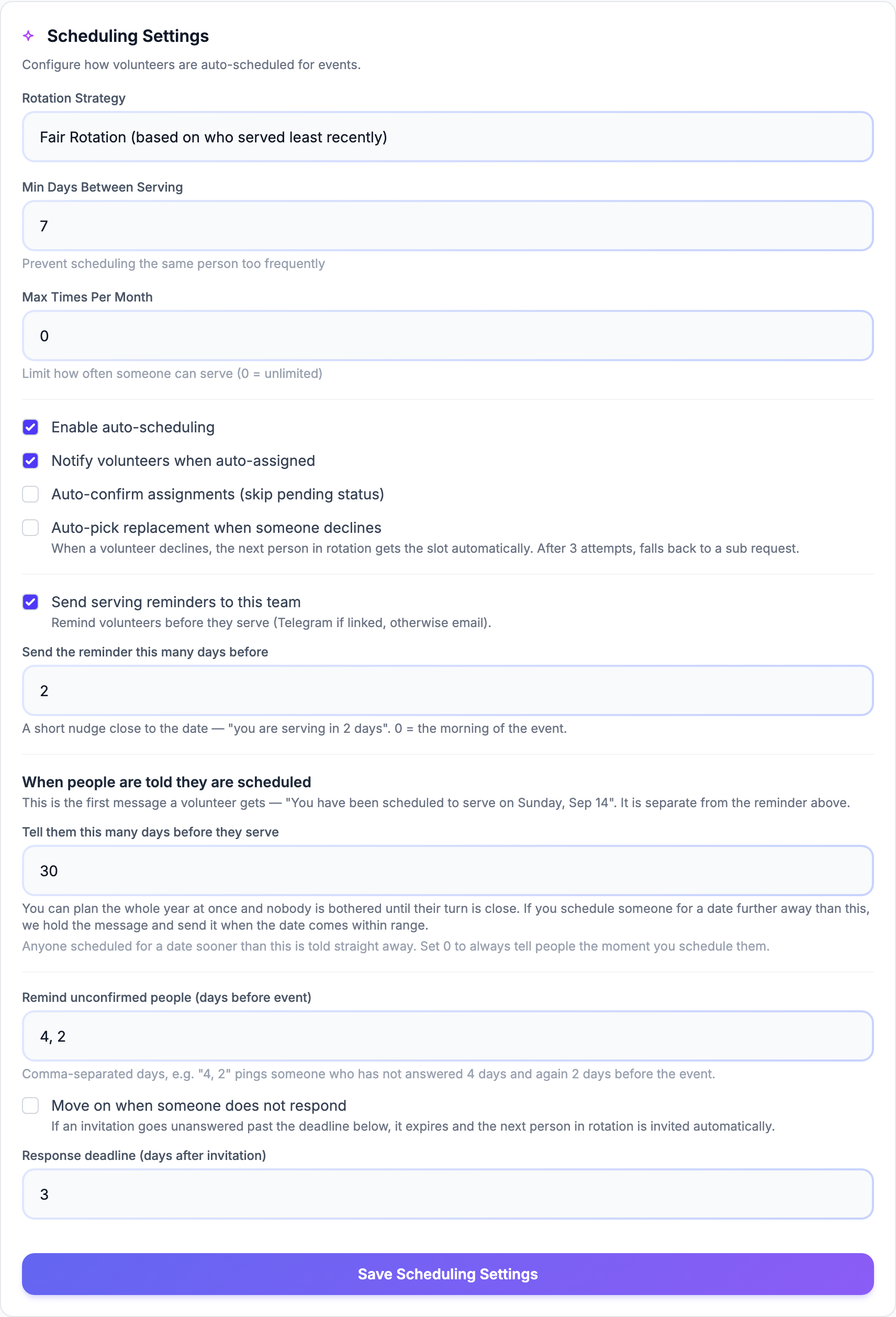 The Scheduling Settings card on a team's Details tab, showing Rotation Strategy, auto-scheduling options, reminder settings, and When people are told they are scheduled