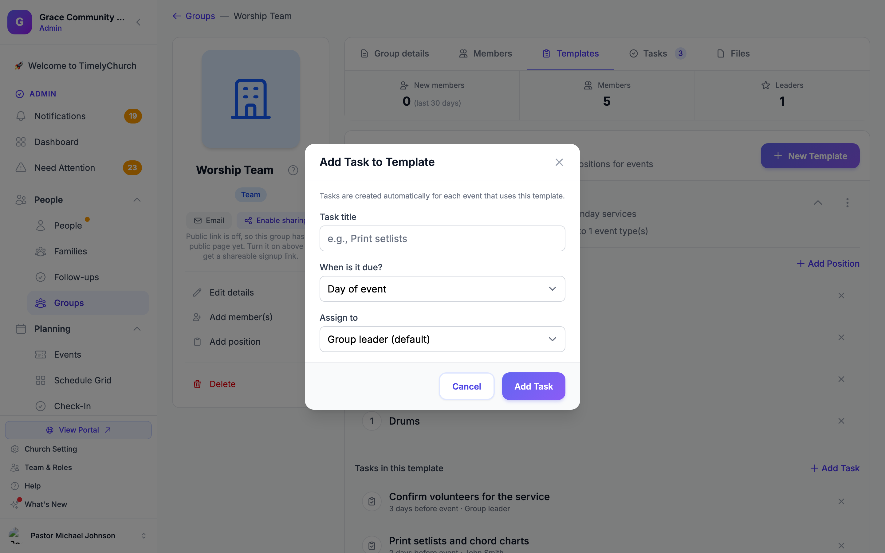 The Add Task to Template dialog with the Task title field, the "When is it due?" dropdown set to Day of event, and the Assign to dropdown set to Group leader (default).