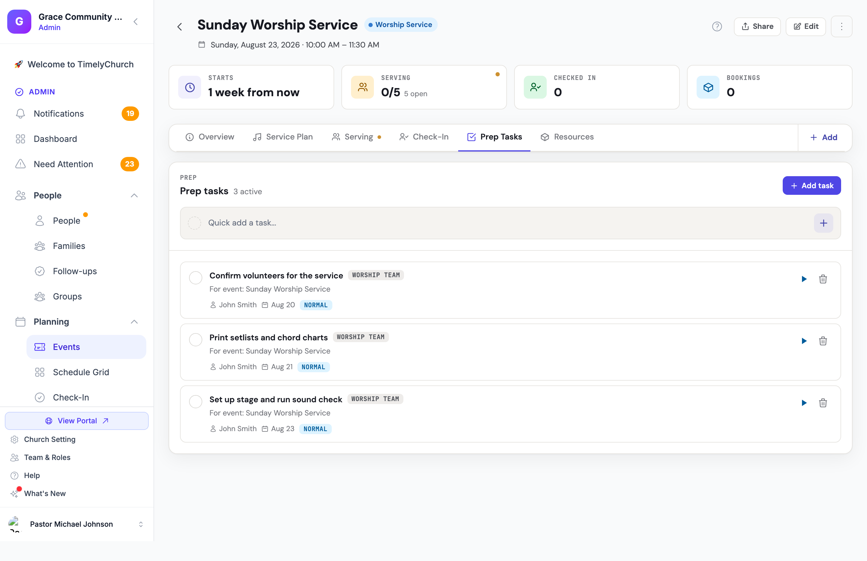 The event page's Prep Tasks tab for a Sunday Worship Service, listing three auto-created tasks, each tagged WORSHIP TEAM with the assignee, due date, and priority visible.