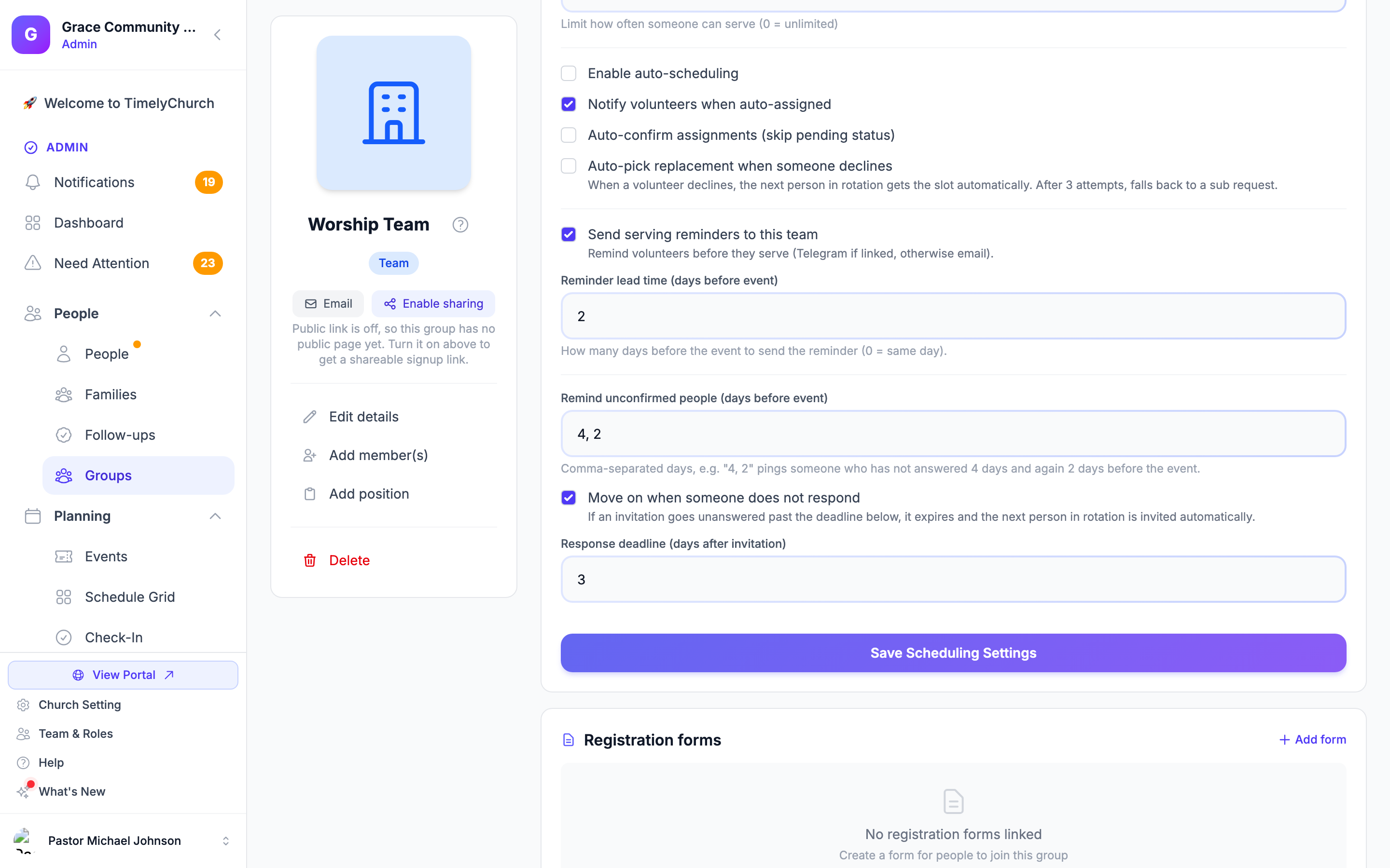 The team's Scheduling settings with the new response controls: re-ping days for unconfirmed people (4, 2), the move-on-when-silent toggle, and the response deadline.