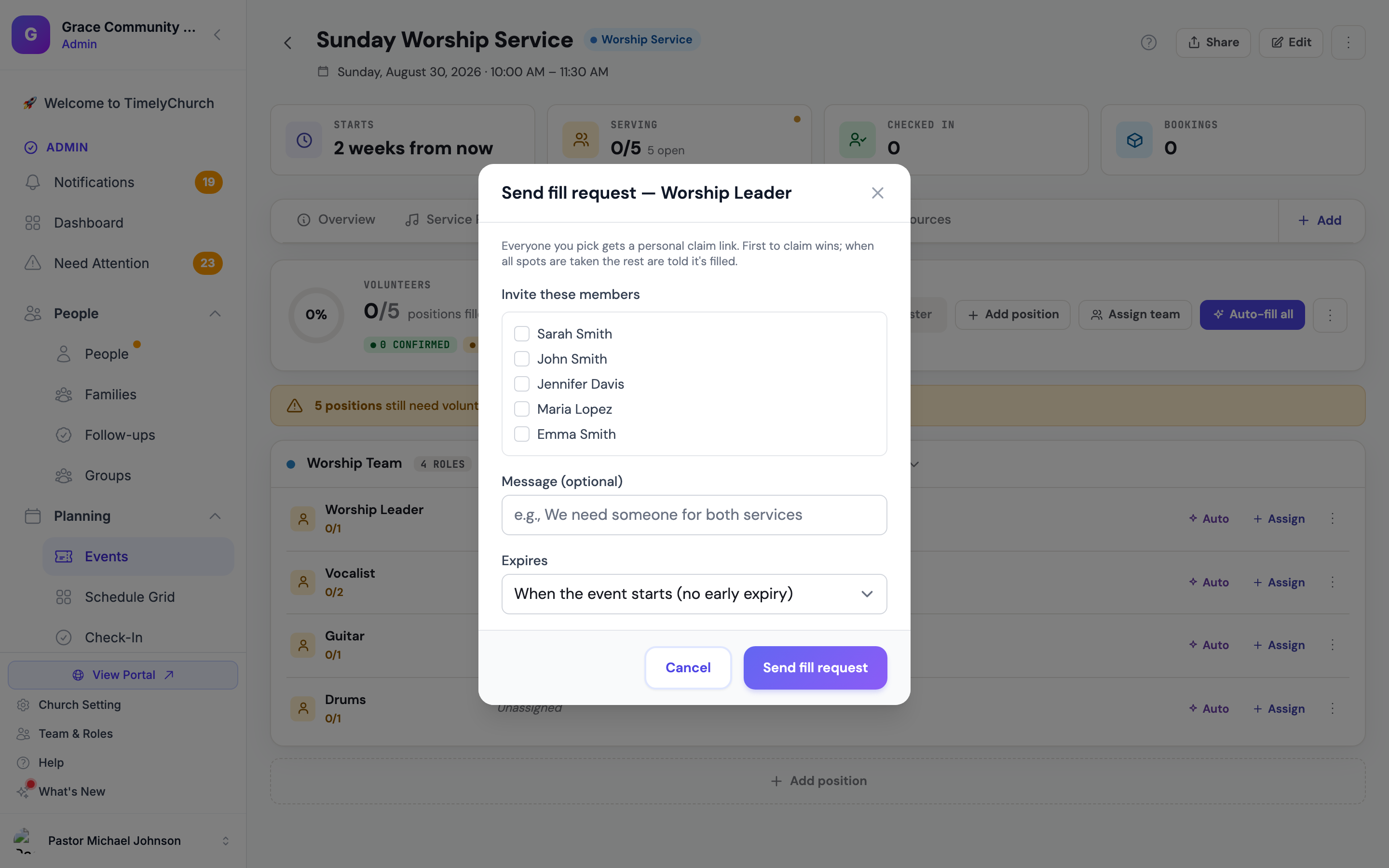 The Send fill request dialog on an event's Serving tab: the Worship Leader position, five team members to pick from, an optional message, and the expiry choice.