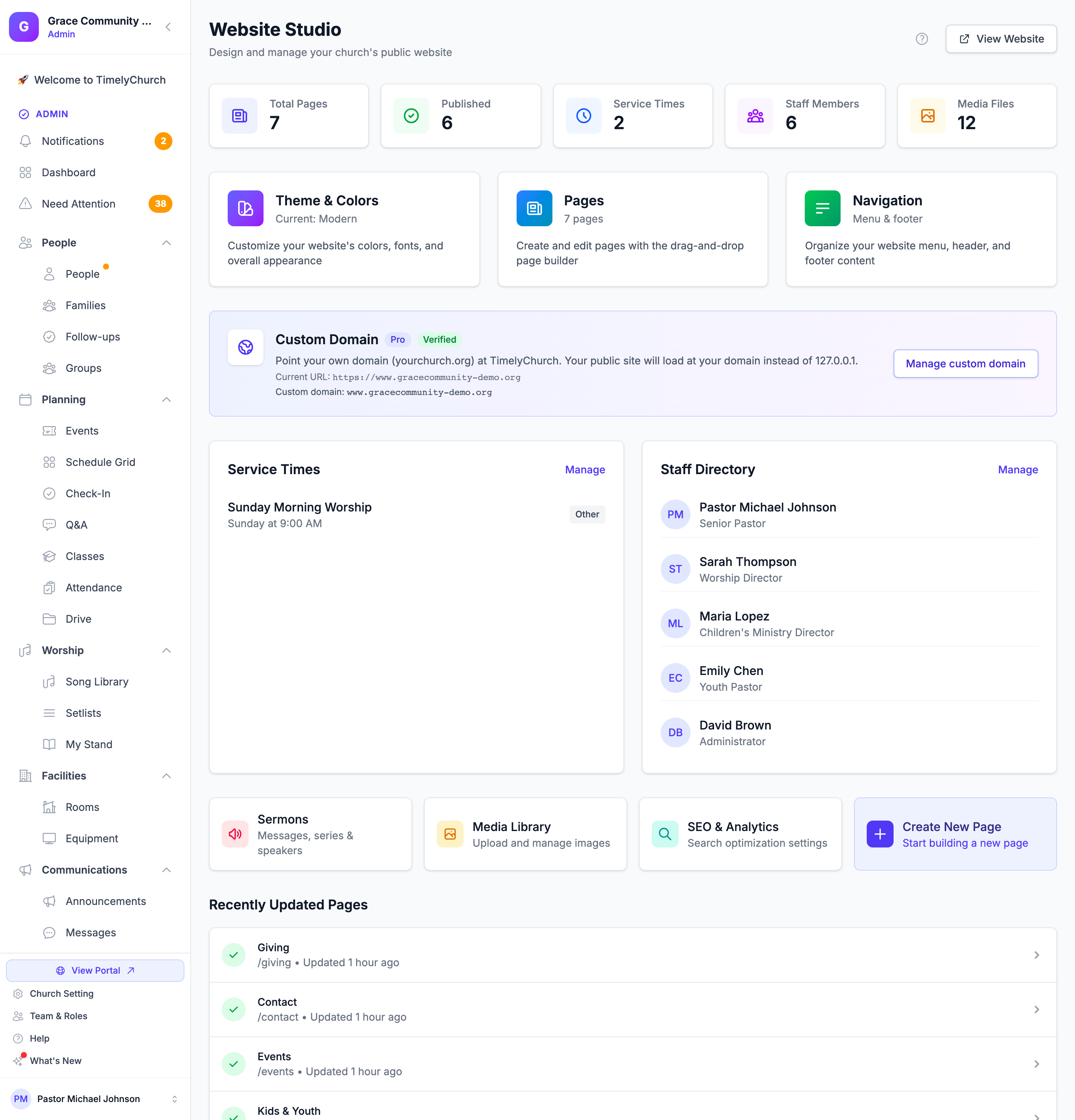 The Website Studio dashboard with the page and media counts, the Theme & Colors, Pages and Navigation cards, the Custom Domain card, and Recently Updated Pages