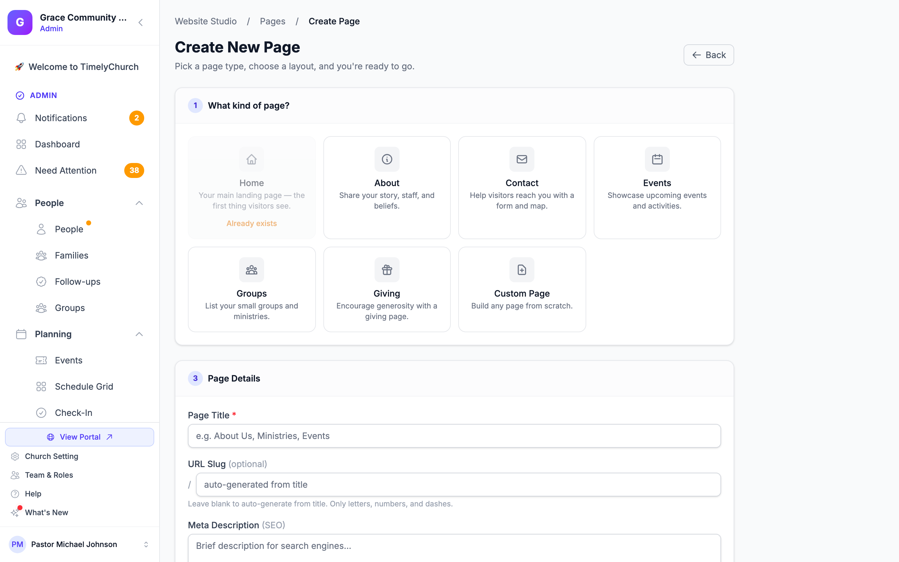 The Create Page wizard on the page-type step, with a card for each of the seven page types