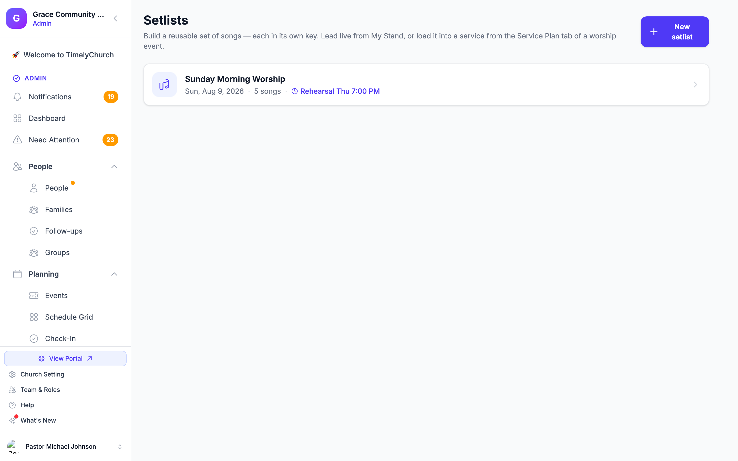 The Setlists page in the admin Worship section — the planning side of the worship toolkit, with a prepared Sunday setlist.