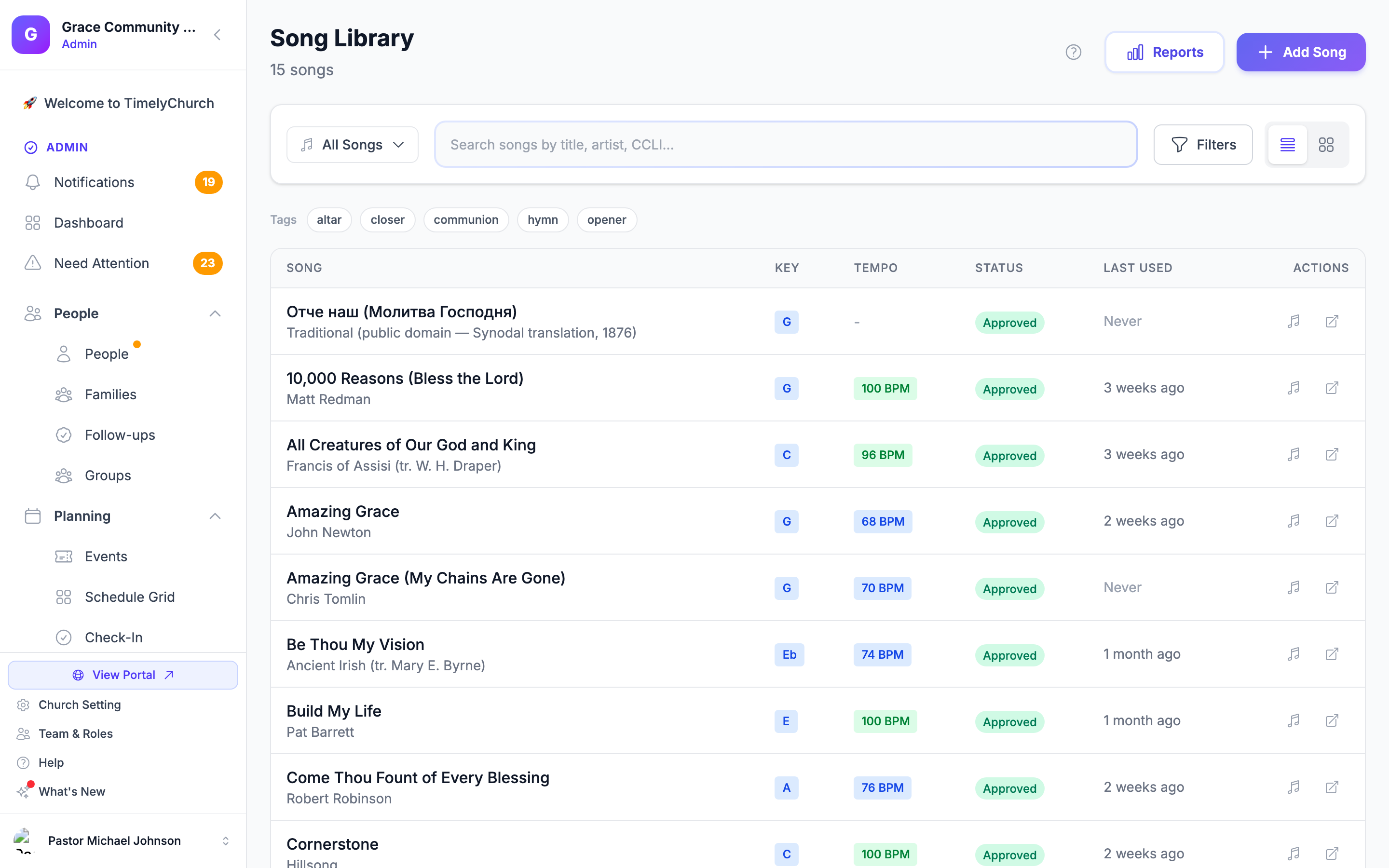 The Song Library: the church's song catalog with titles, artists, keys, and usage at a glance.