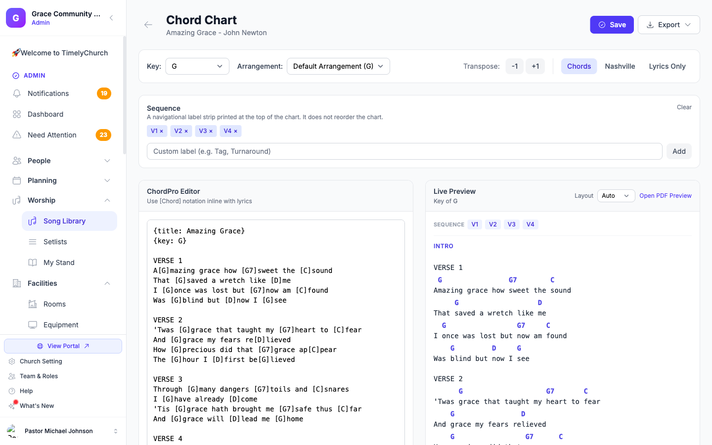 The chord chart editor's Live Preview header with the Layout selector (Auto / 1 column / 2 columns) and Open PDF Preview link