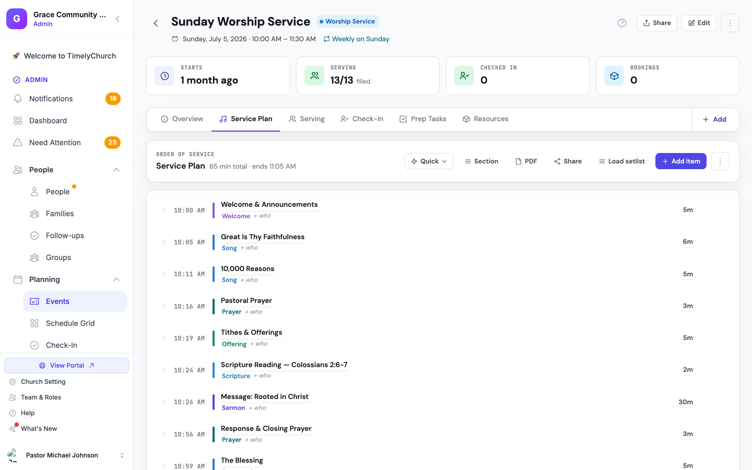 A Sunday service order on the event's Service Plan tab: welcome, songs, prayer, offering, scripture, sermon and closing, each with its start time and length.