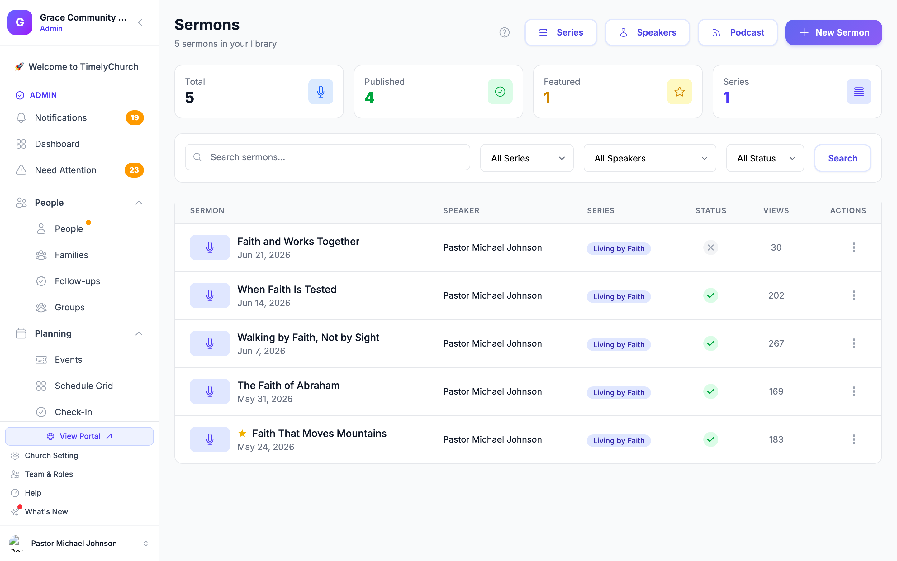 The Sermons page in the admin, listing the church's published messages with series and speakers.