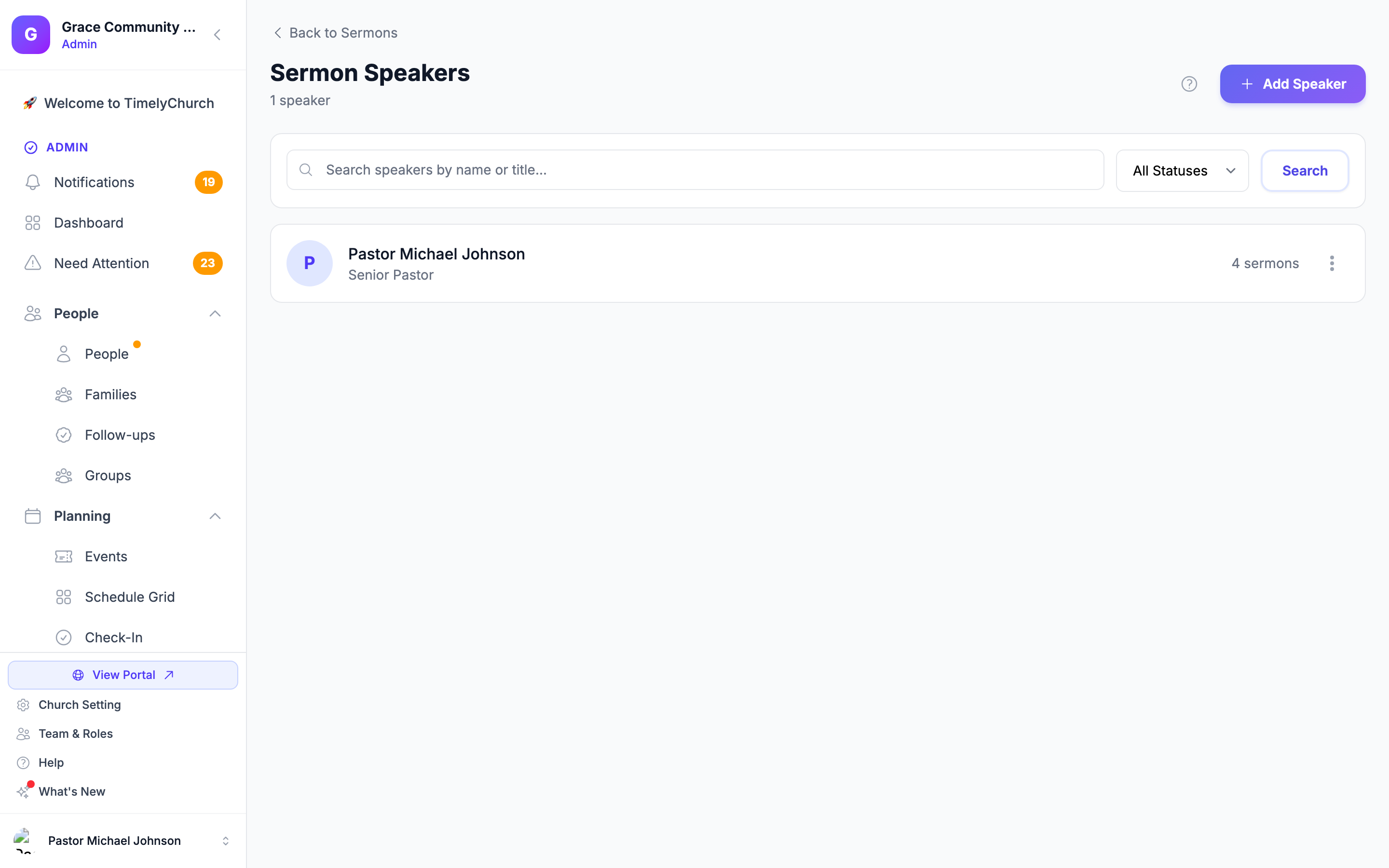 The Sermon Speakers page, where every speaker in the sermon library is managed.