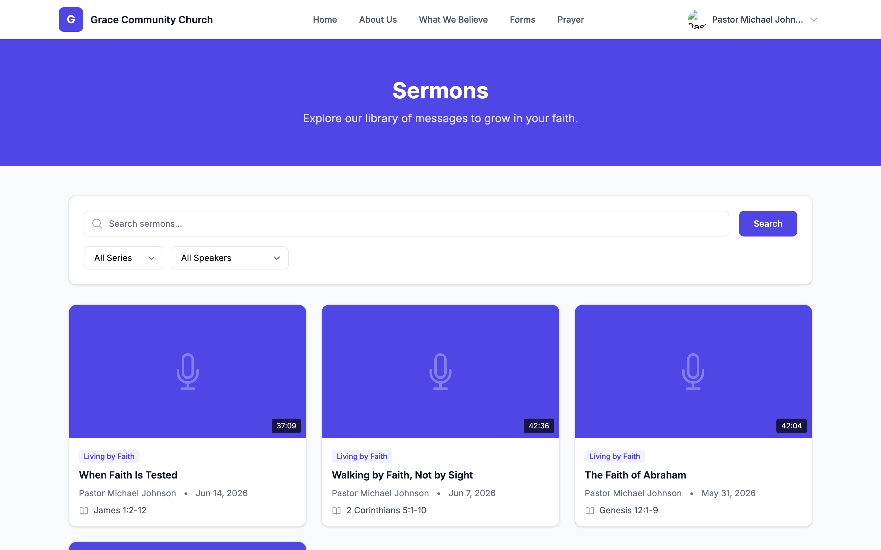 The public Sermons page visitors see on the church website: search, series and speaker filters, and sermon cards — no login required.