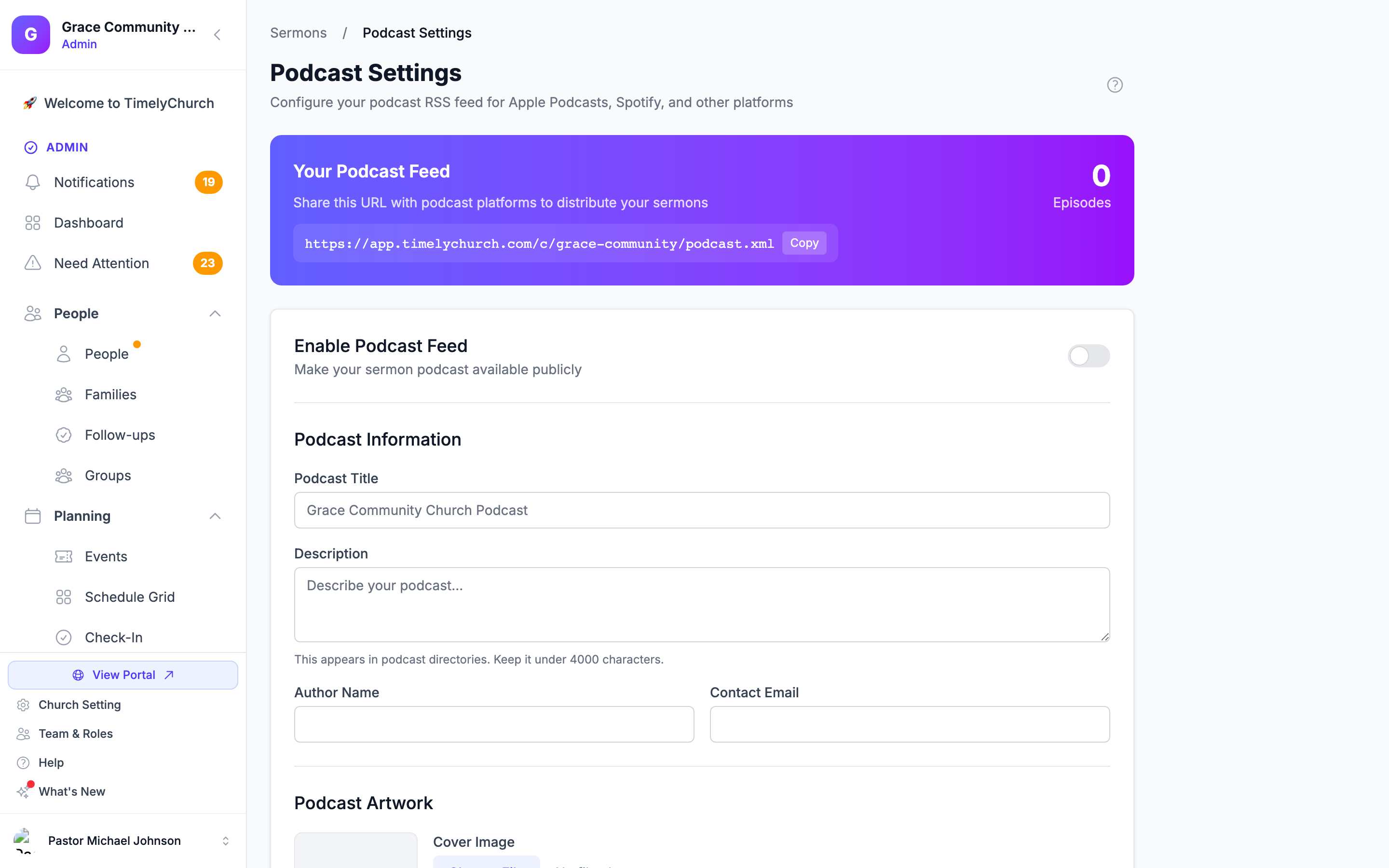 Podcast Settings: the feed URL to share with podcast platforms, the enable toggle, and the podcast information fields.
