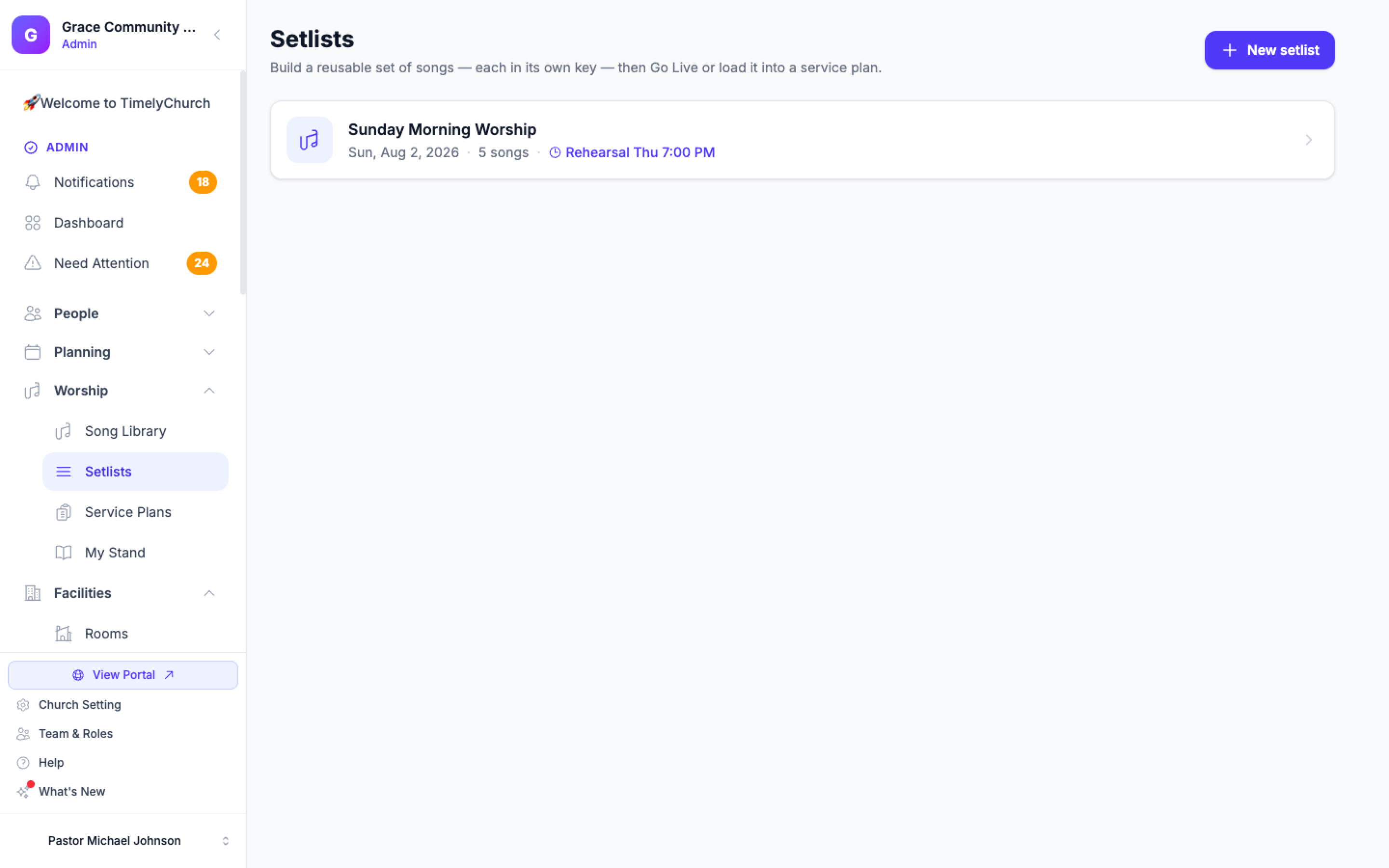 The Setlists index under the Worship category, showing saved setlists with song counts, dates, and a New setlist button