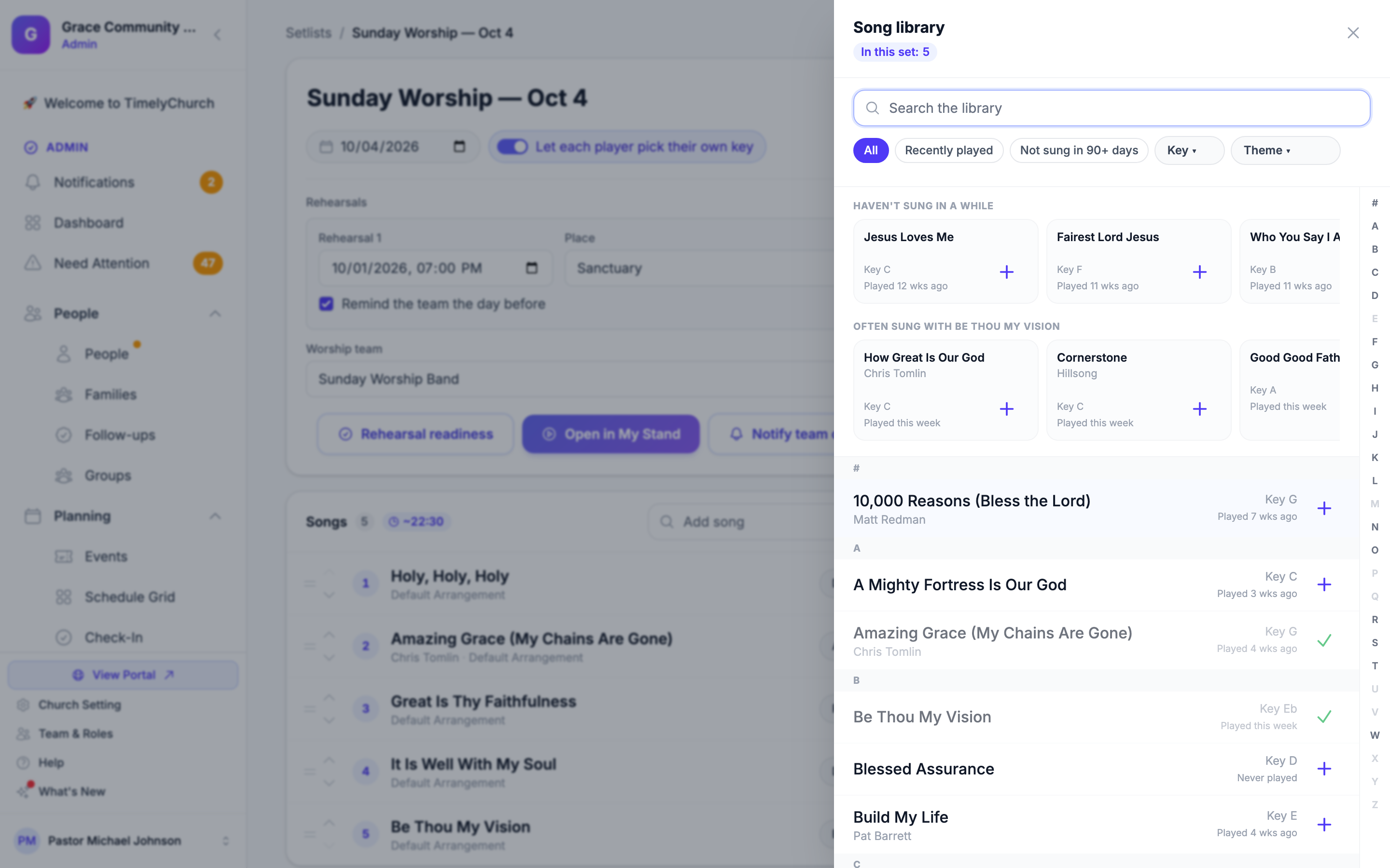 The Song library drawer open over the setlist builder, with the filter chips, A–Z row and suggestion rows