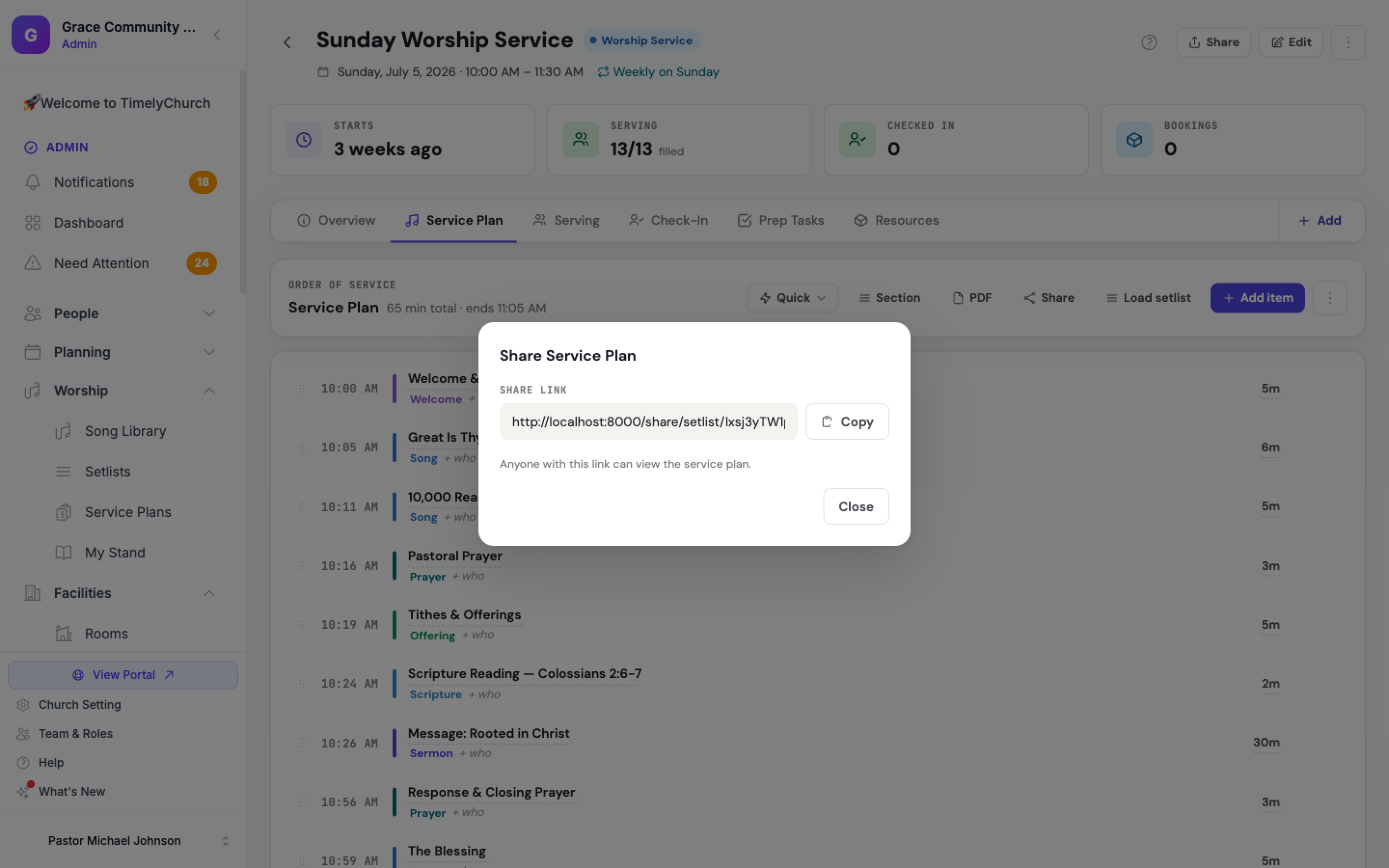 A shared service plan with the Share Setlist panel open, showing the generated band link and a Copy button