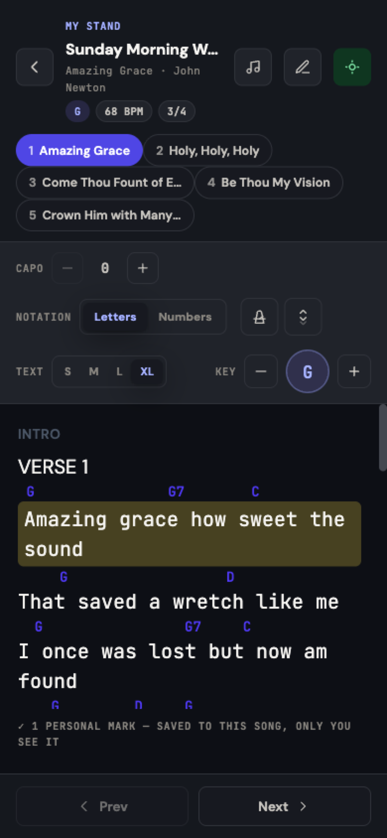 The My Stand reader on a phone, showing a chord chart with the key/BPM/meter chips and the personal key and text-size controls