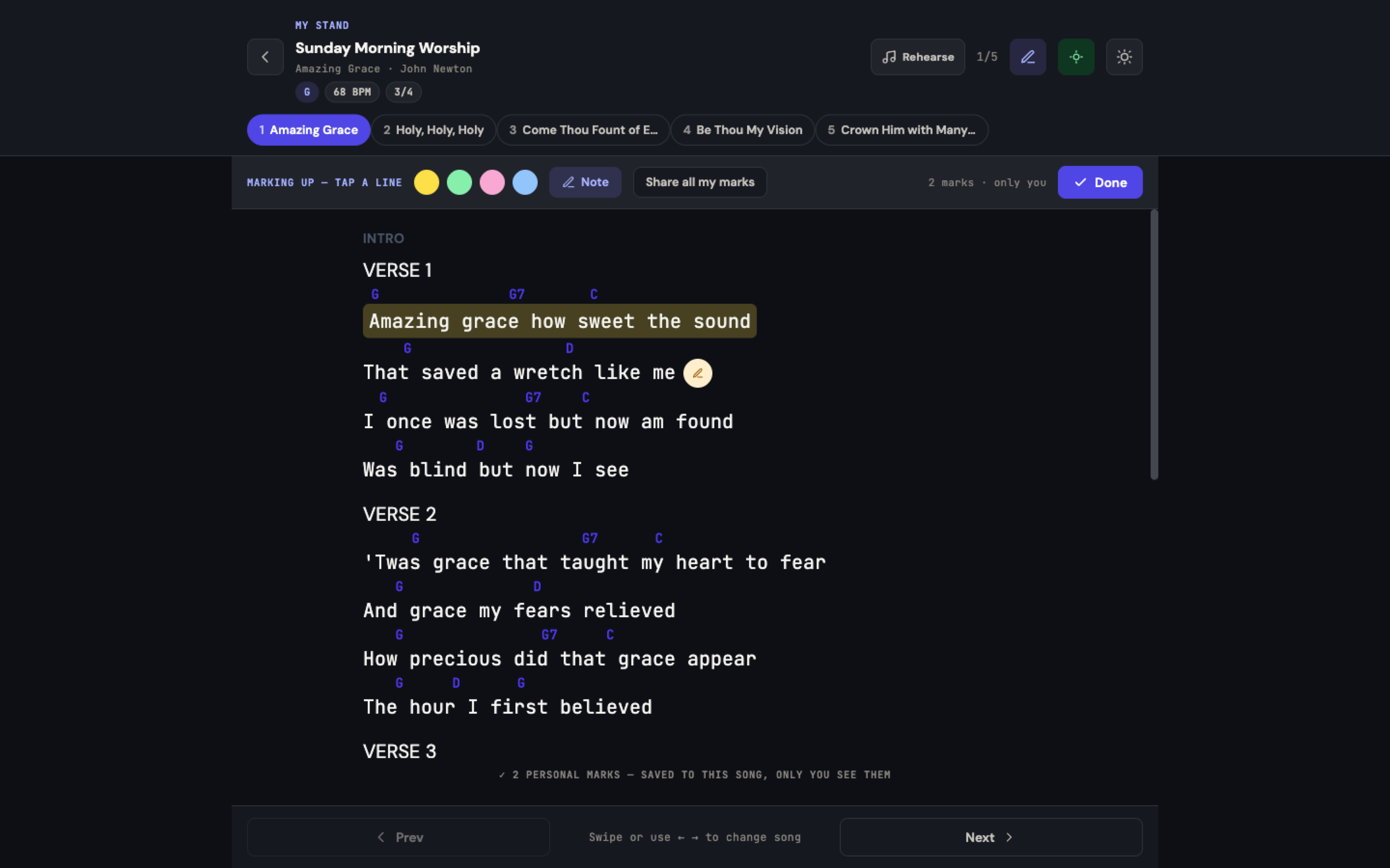 The My Stand reader showing a highlighted chorus line and a small personal note pinned to a chord