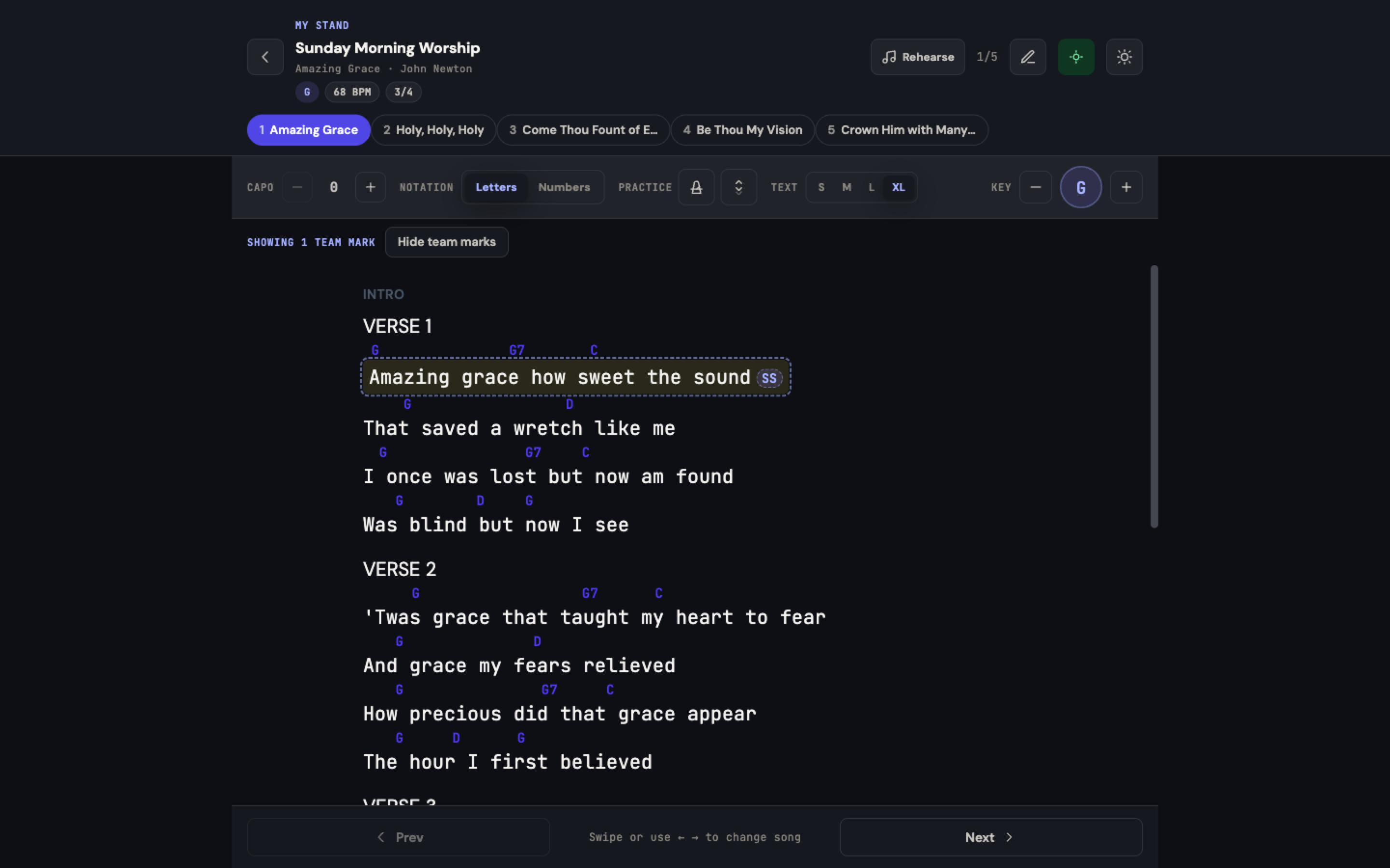 The My Stand reader with the Team marks overlay turned on, showing shared highlights labeled with each contributor's name