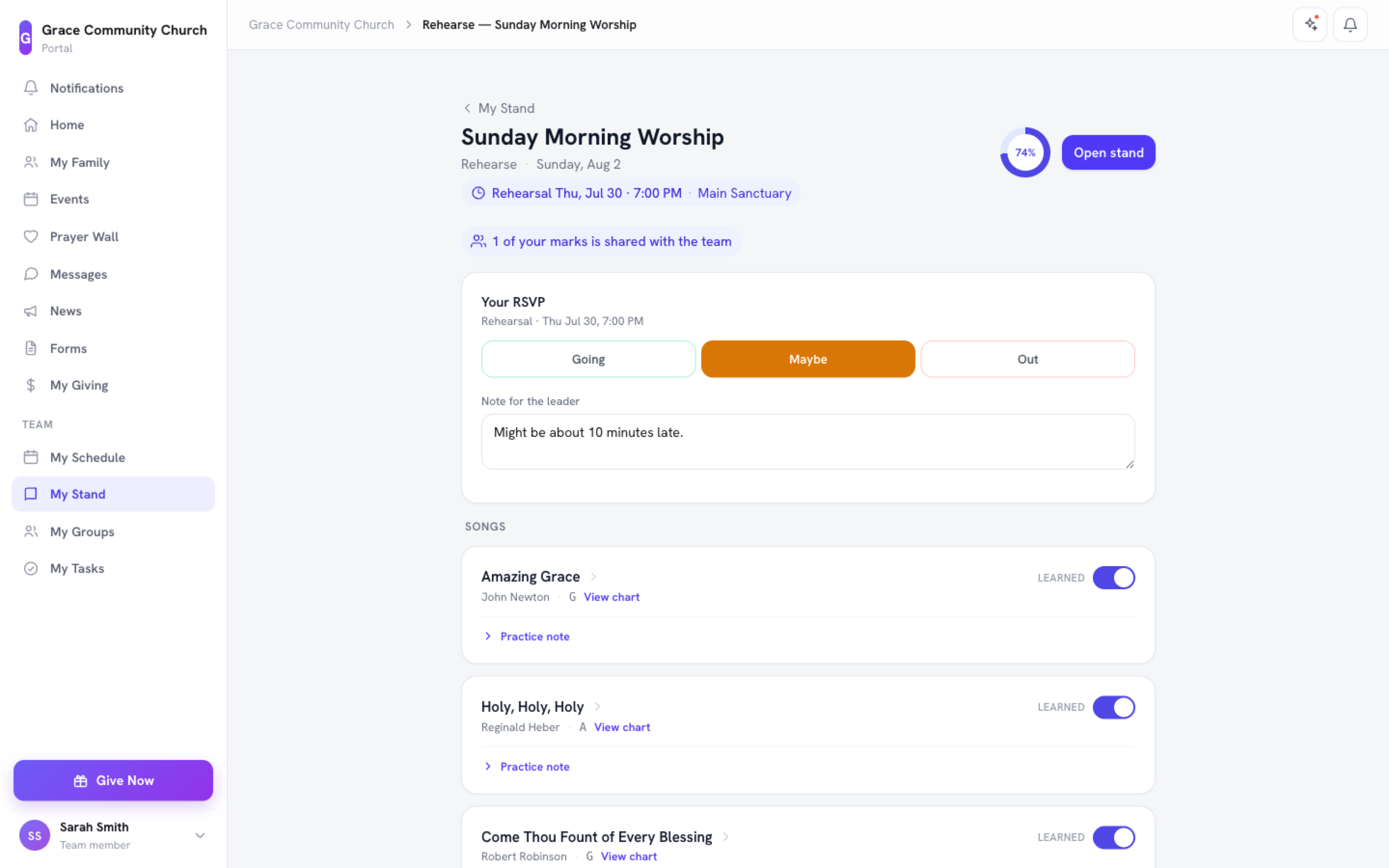 The Rehearse page listing the set's songs with a Learned toggle on each and a team-readiness percentage at the top