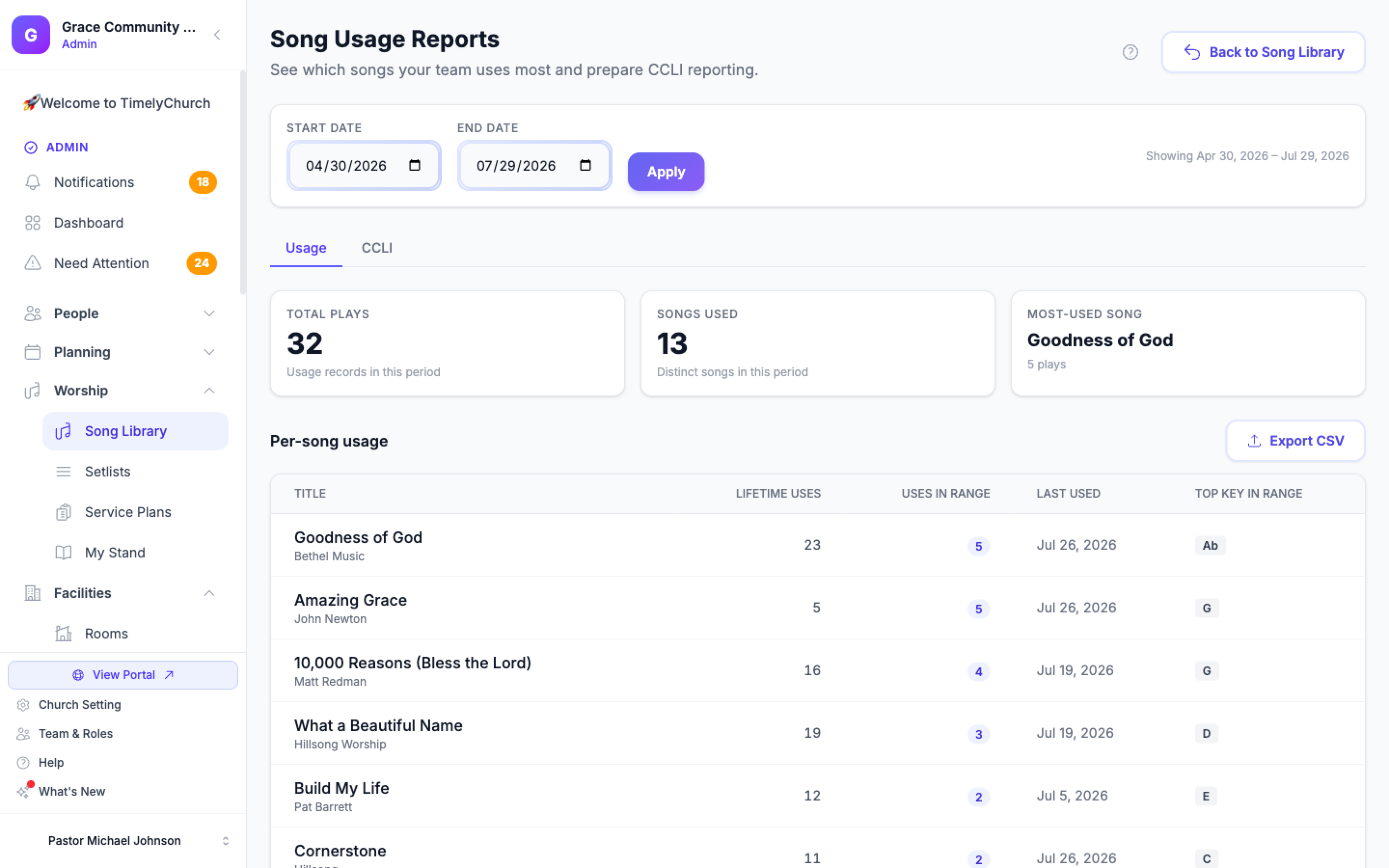 The Song Library Reports screen with a date-range selector and the usage and CCLI sections below
