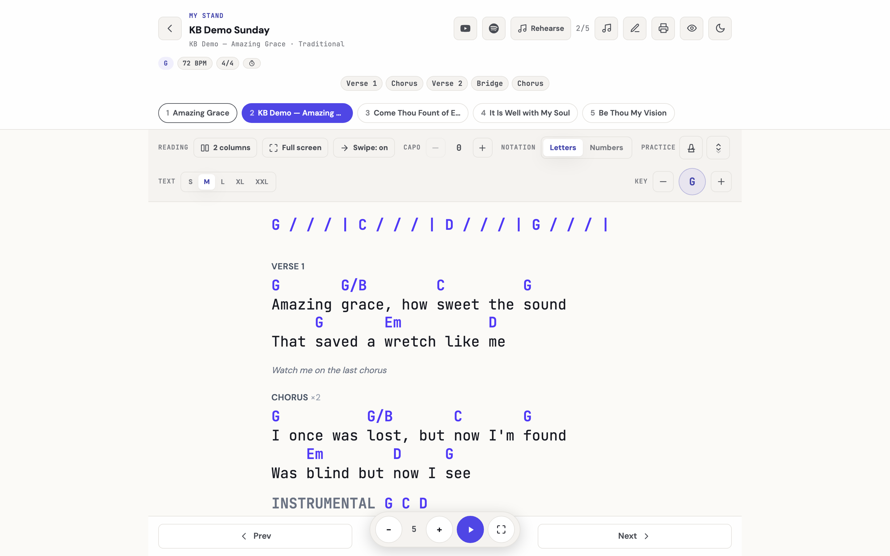 My Stand's reader with the sequence strip under the song header and a band note on its own line between the lyrics