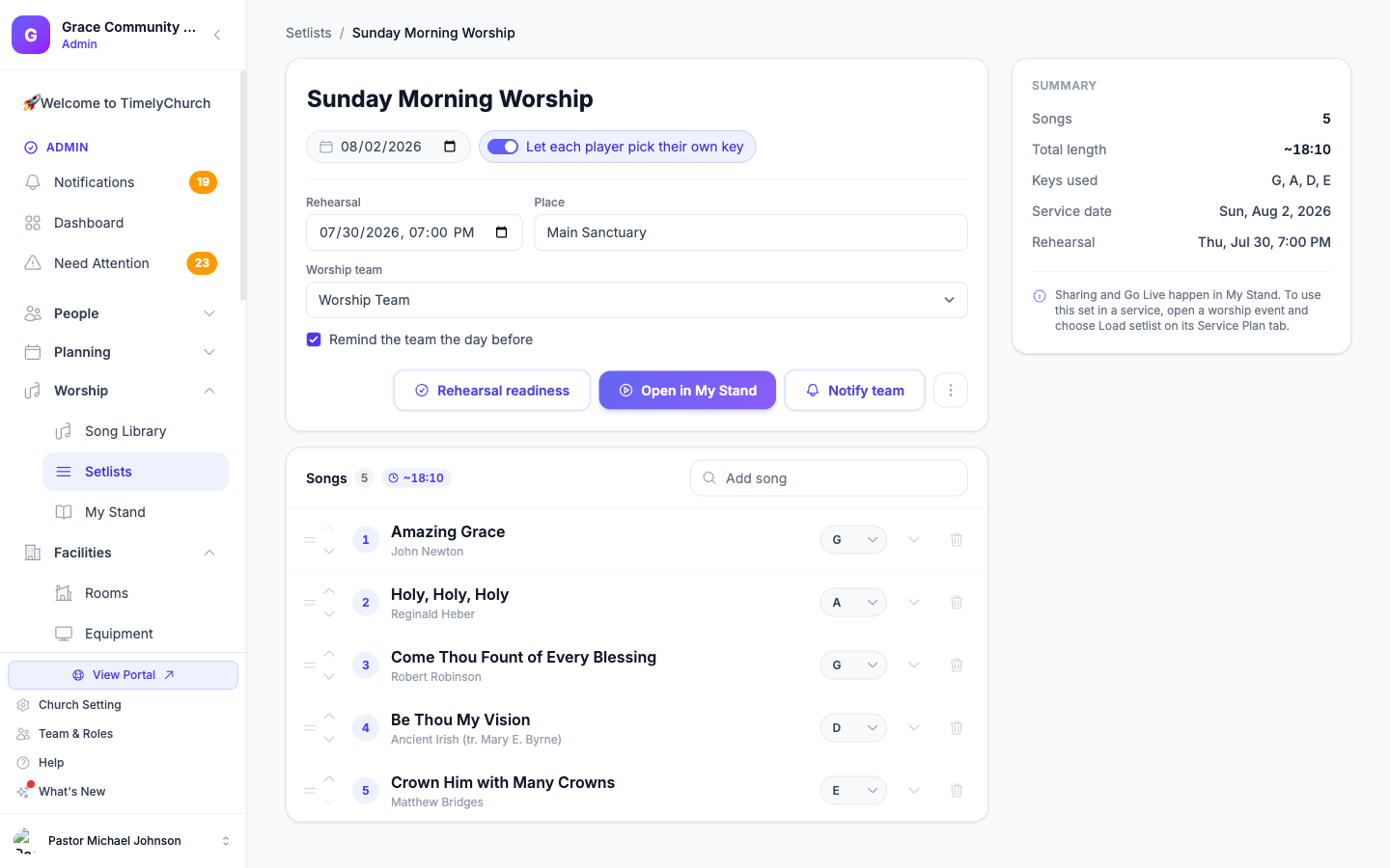 The setlist builder's meta row with the Worship Team picker set to "Worship Team"