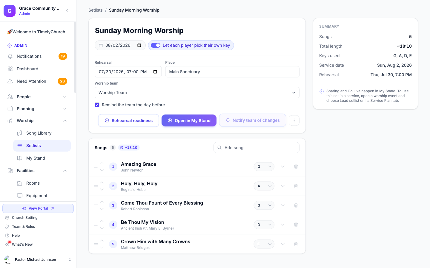 The setlist builder showing the Notify team button, with a "notified X ago" state after sending
