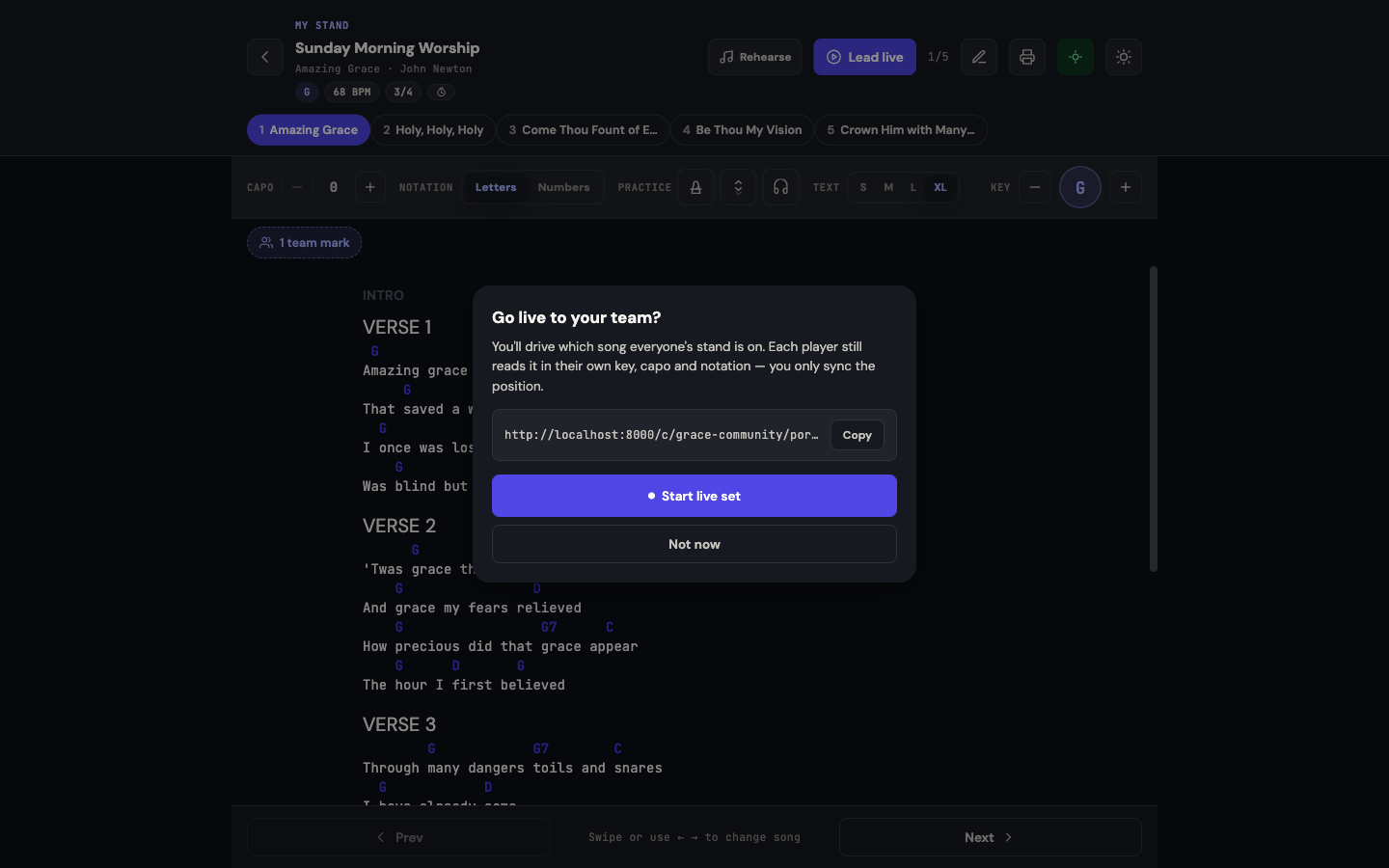 The "Lead live" button and the Go Live confirmation sheet