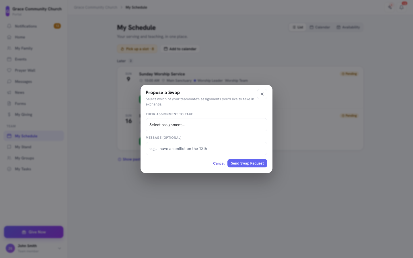 The My Serving page with a worship-team assignment's Propose Swap button and the swap request modal open