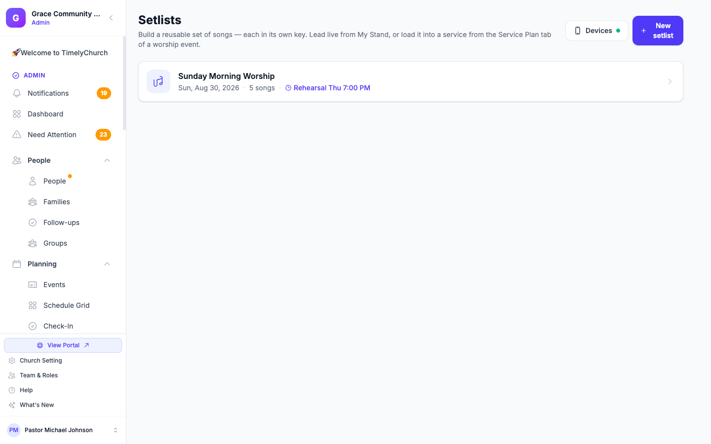 The Setlists page with the Devices button and its status dot, next to New setlist