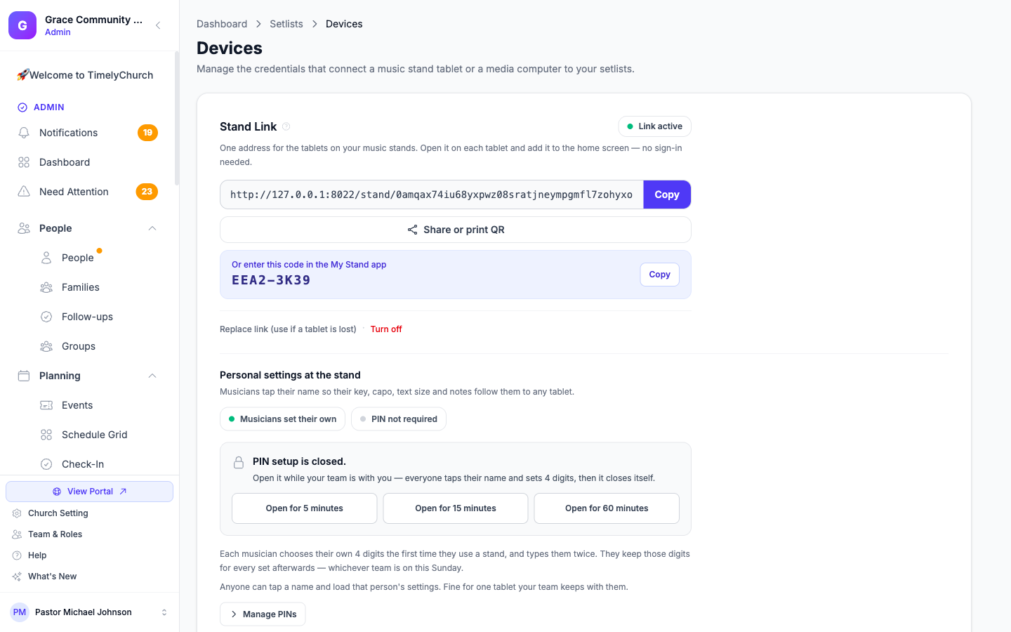 The Devices page's Stand Link tab, showing the address, Share or print QR, and the My Stand app activation code