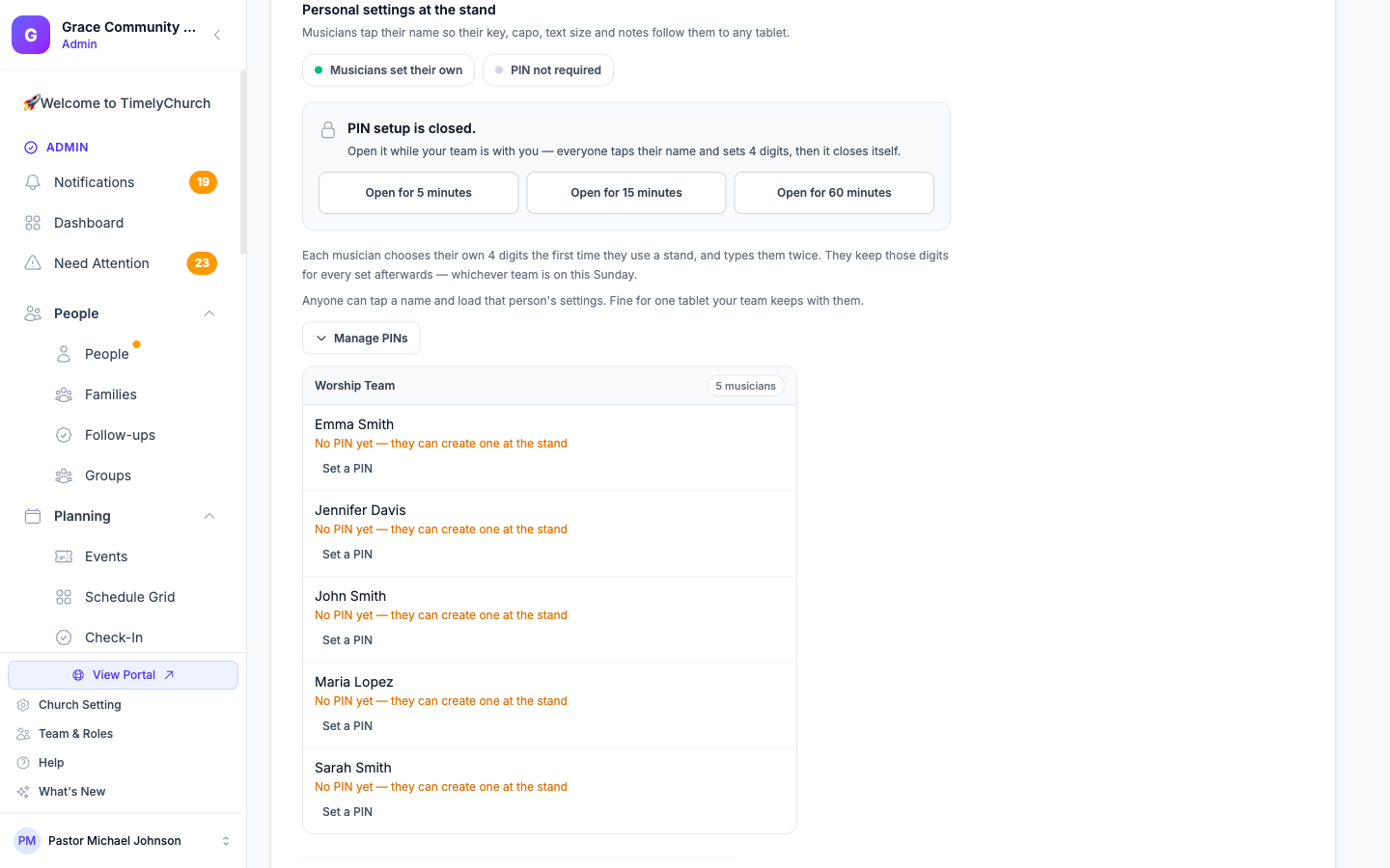 Manage PINs expanded on the Devices page's Stand Link tab, listing the worship team with each person's PIN status