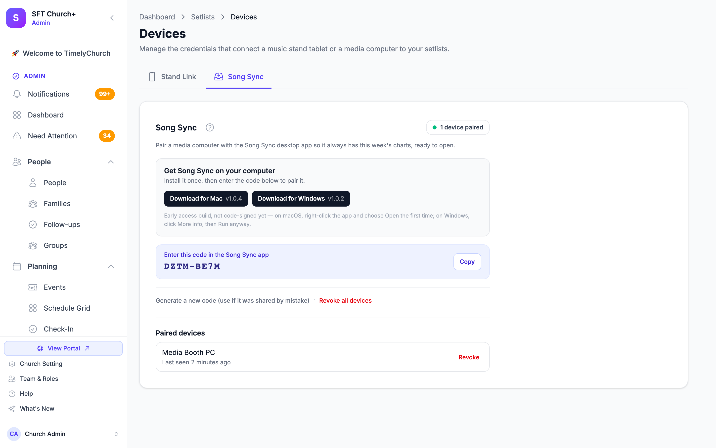 The Devices page on the Song Sync tab: the Get Song Sync on your computer card with the Download for Mac and Download for Windows buttons, the code box with a Copy button, and the Paired devices list with one computer and its Last seen line