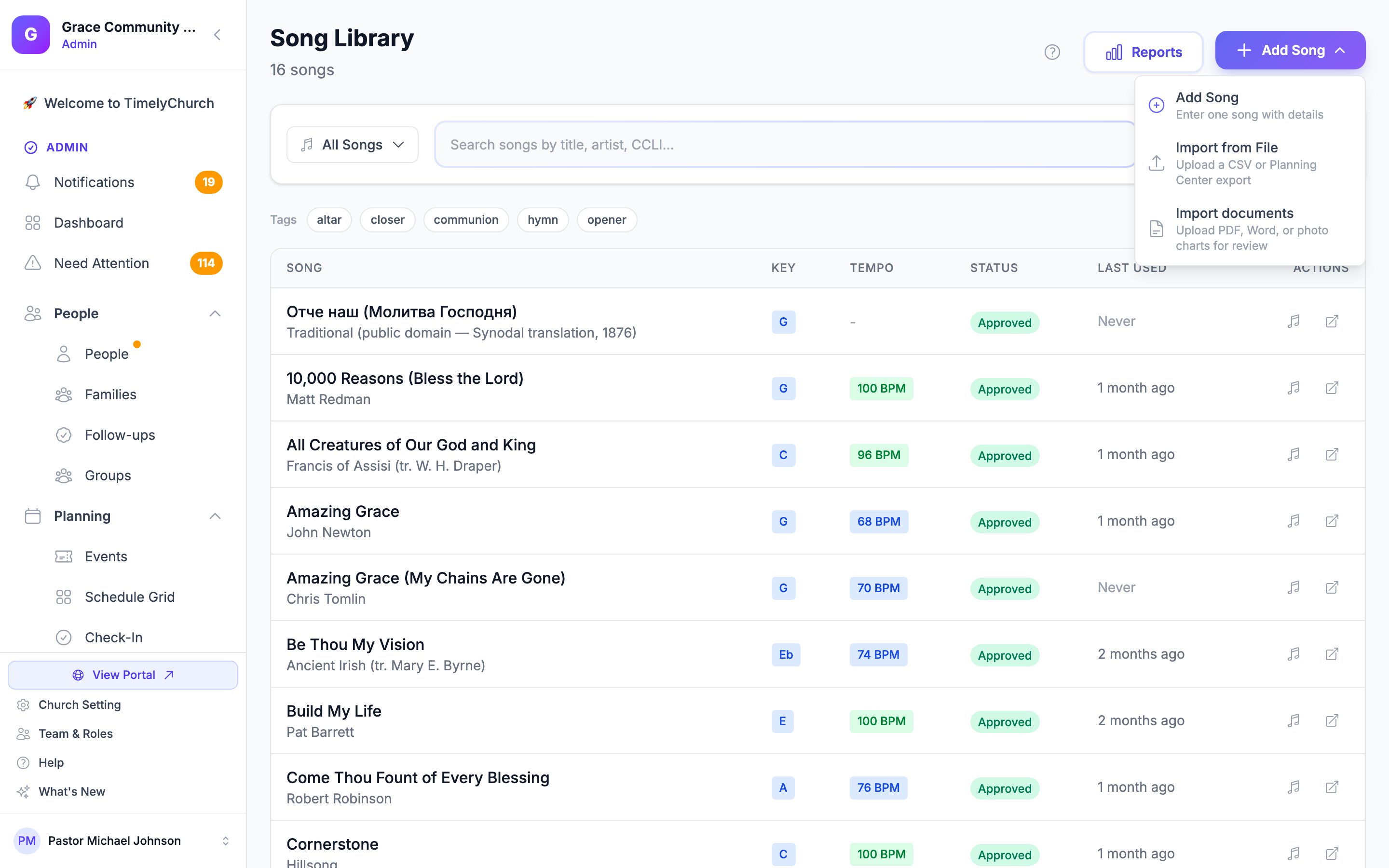 The Songs page with the Add Song menu open, showing Import documents