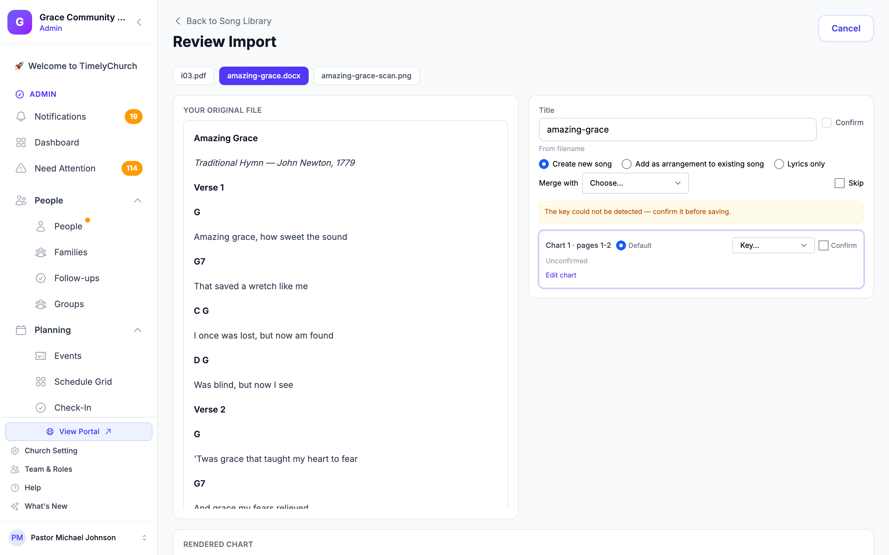 The Review Import screen for a Word document, with the original page beside the proposed song and its controls