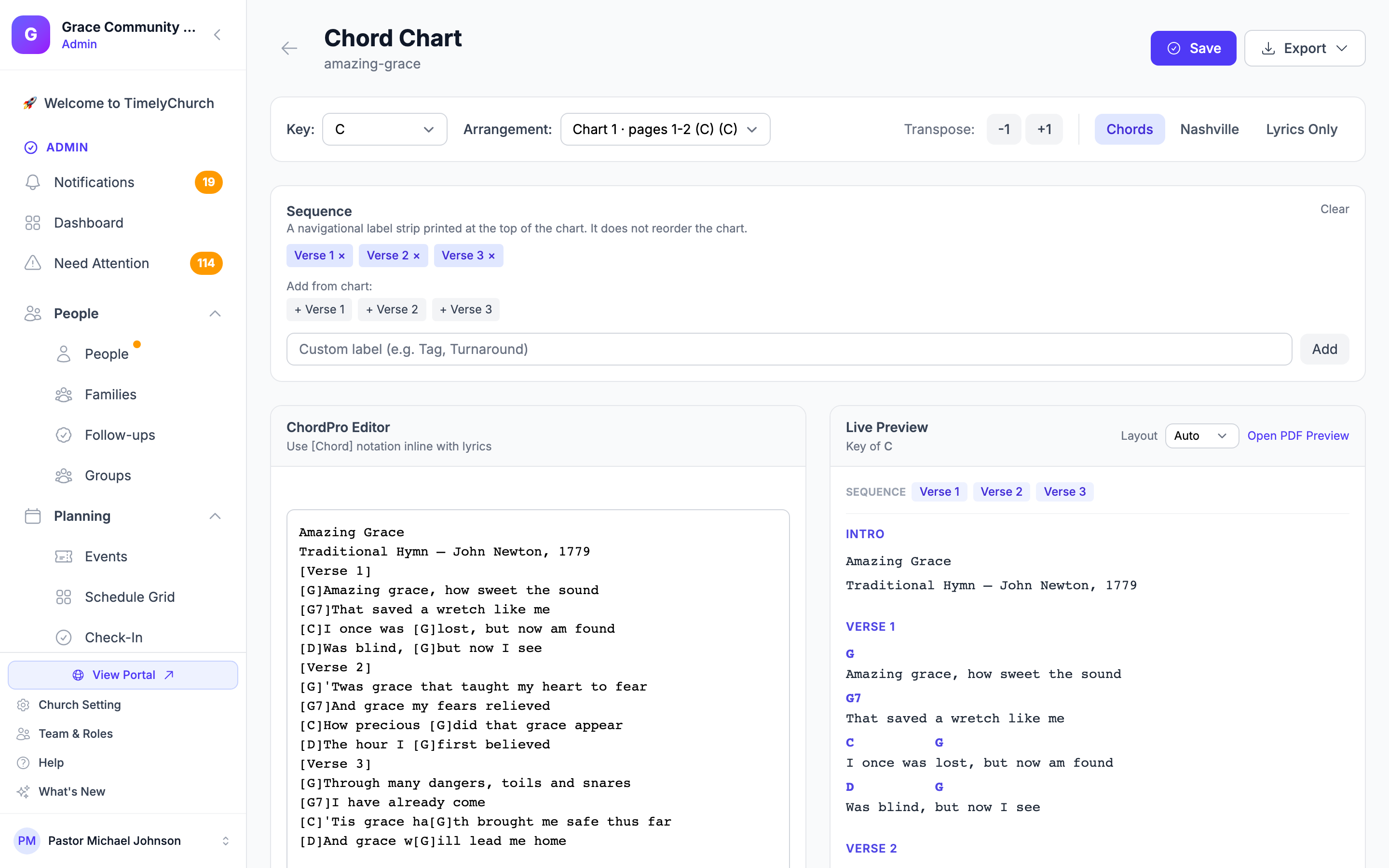 The imported song open in the library with its chord chart