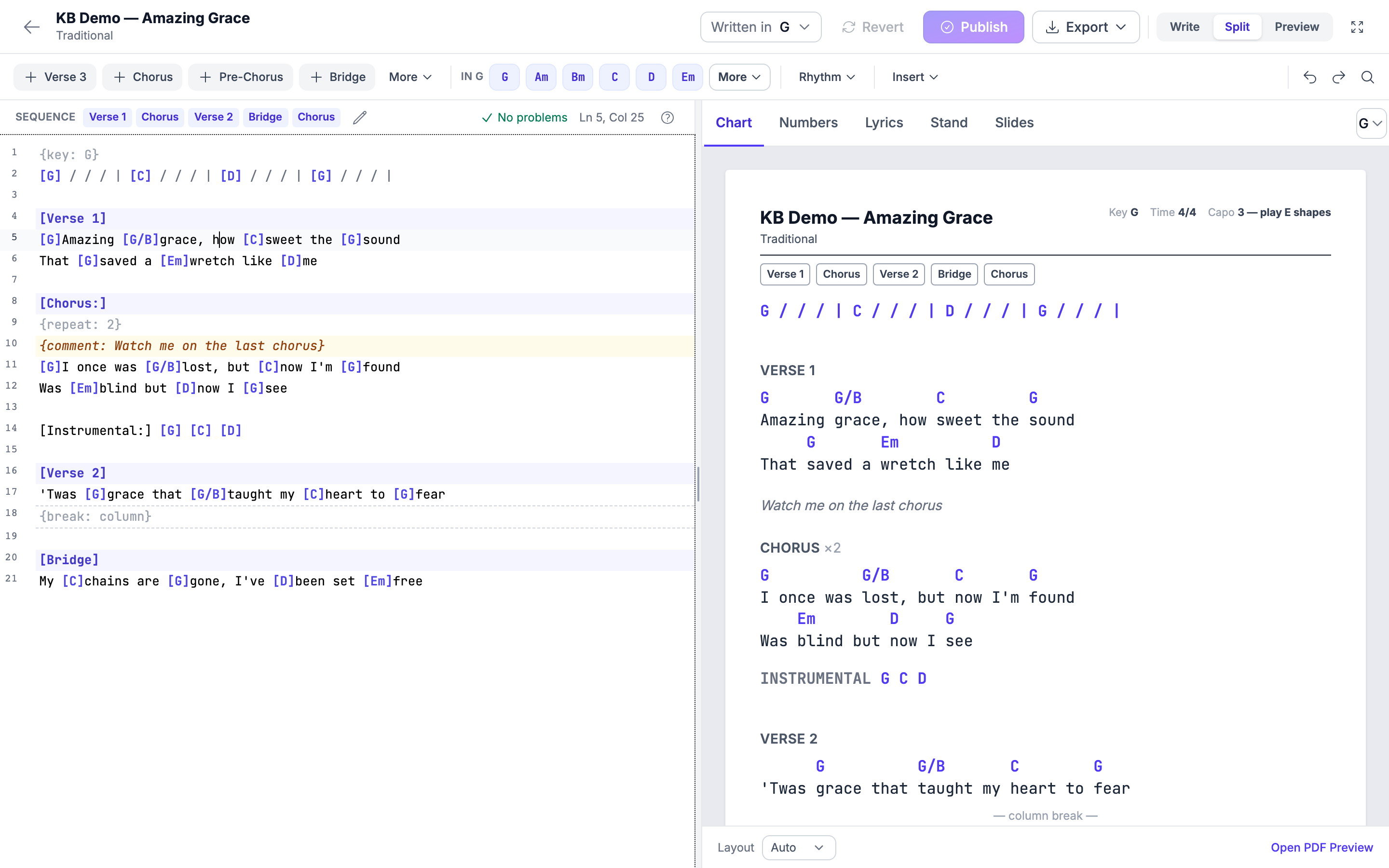 The chord chart editor in Split mode: the write pane on the left with chords and section headings, the live Chart preview on the right, and the command bar above with Written in, Publish and Export