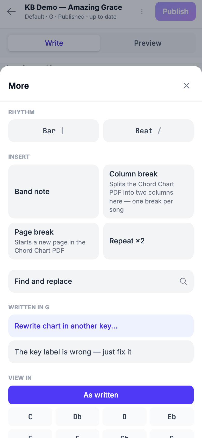 The More sheet open on a phone, reaching rhythm, find, written in, view in, sequence, export and revert