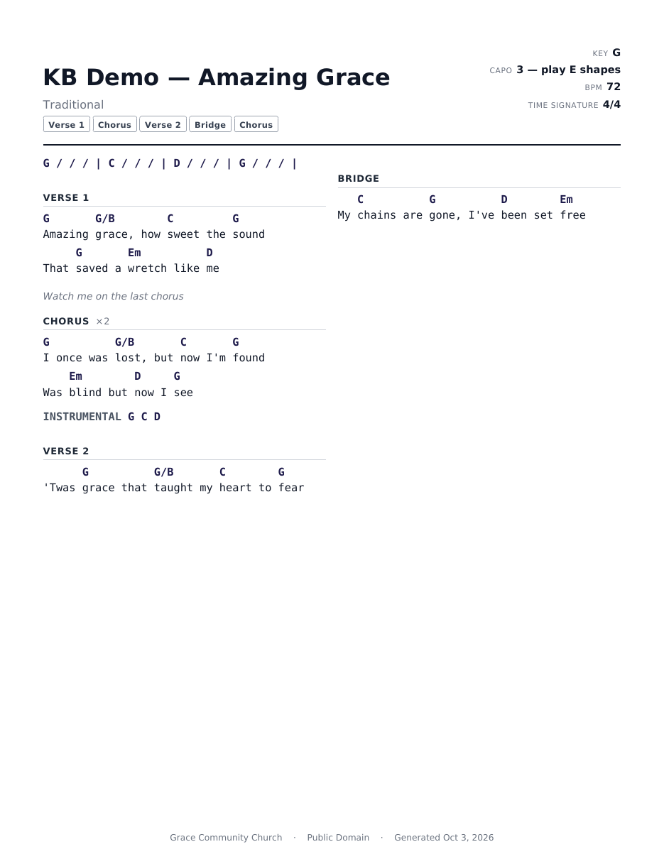 The Chord Chart PDF in two columns, split exactly at the manual column break, with the band note in italic grey under the section heading
