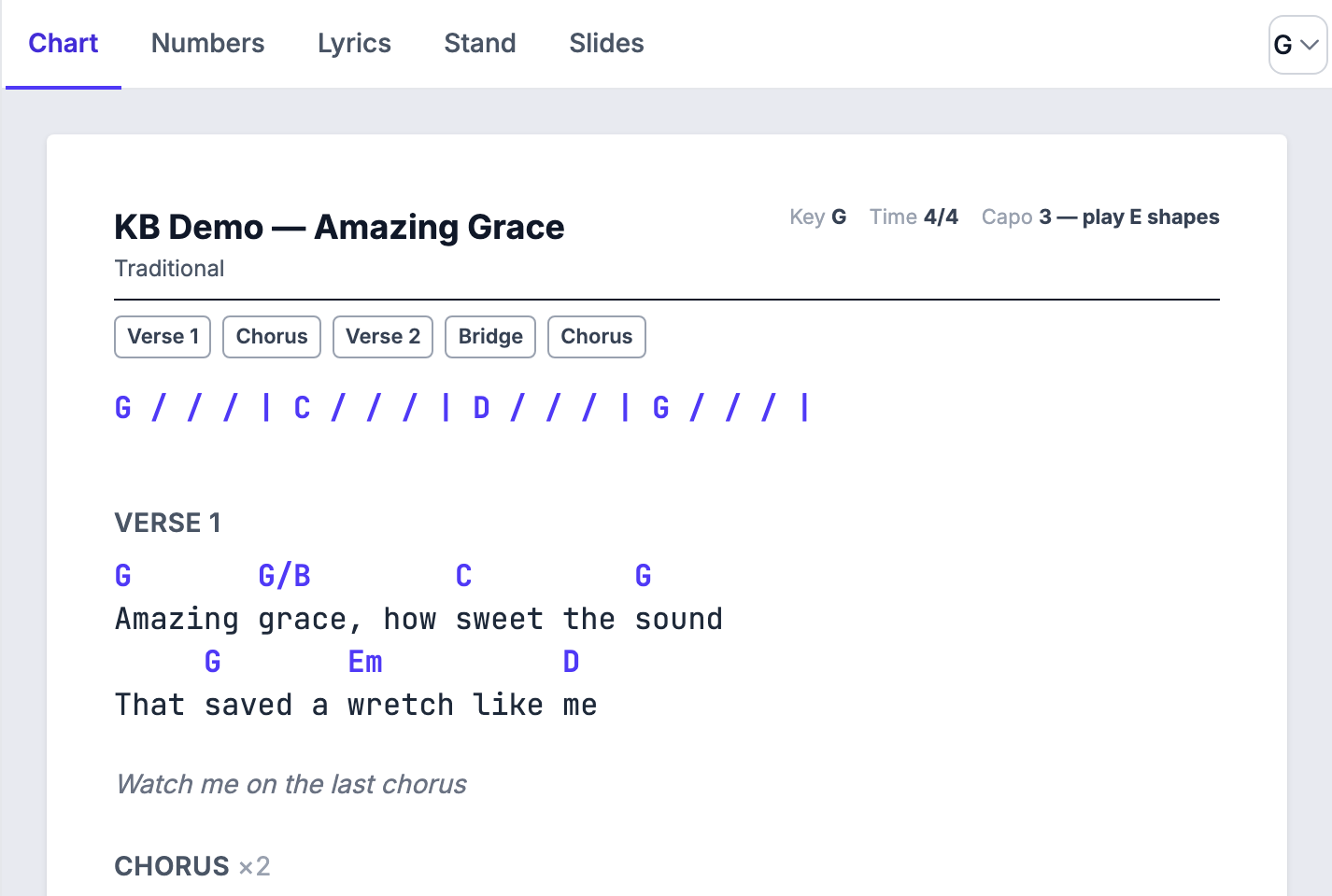 The Chart preview: a line of chords at the top with no label above it, a Chorus heading written as [Chorus:] shown without the colon, and an Instrumental label in front of the chords F, Cm, F