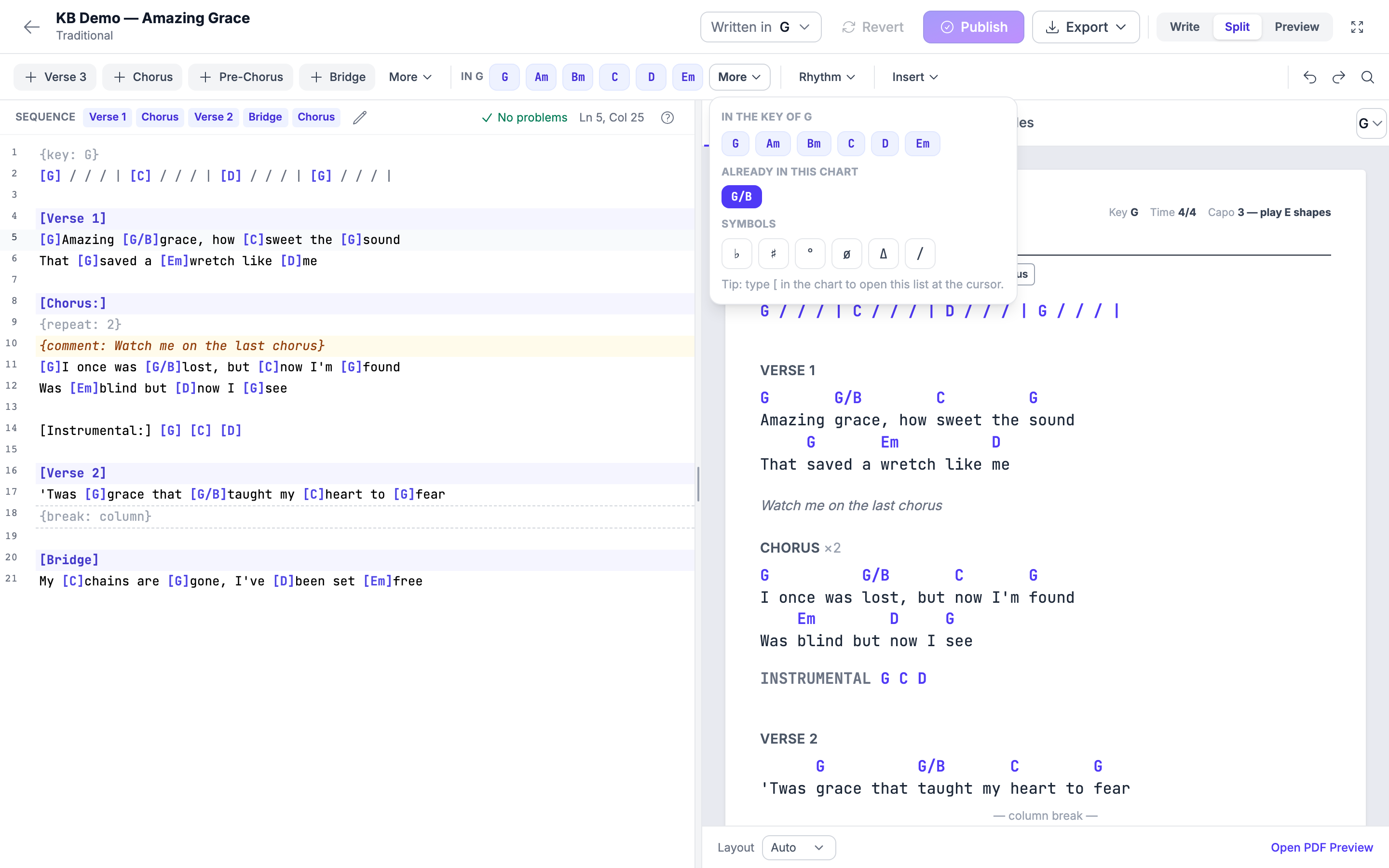 The chord chips in the ribbon with the More popover open, showing chord variations and the ♭ ♯ ° ø Δ / symbols