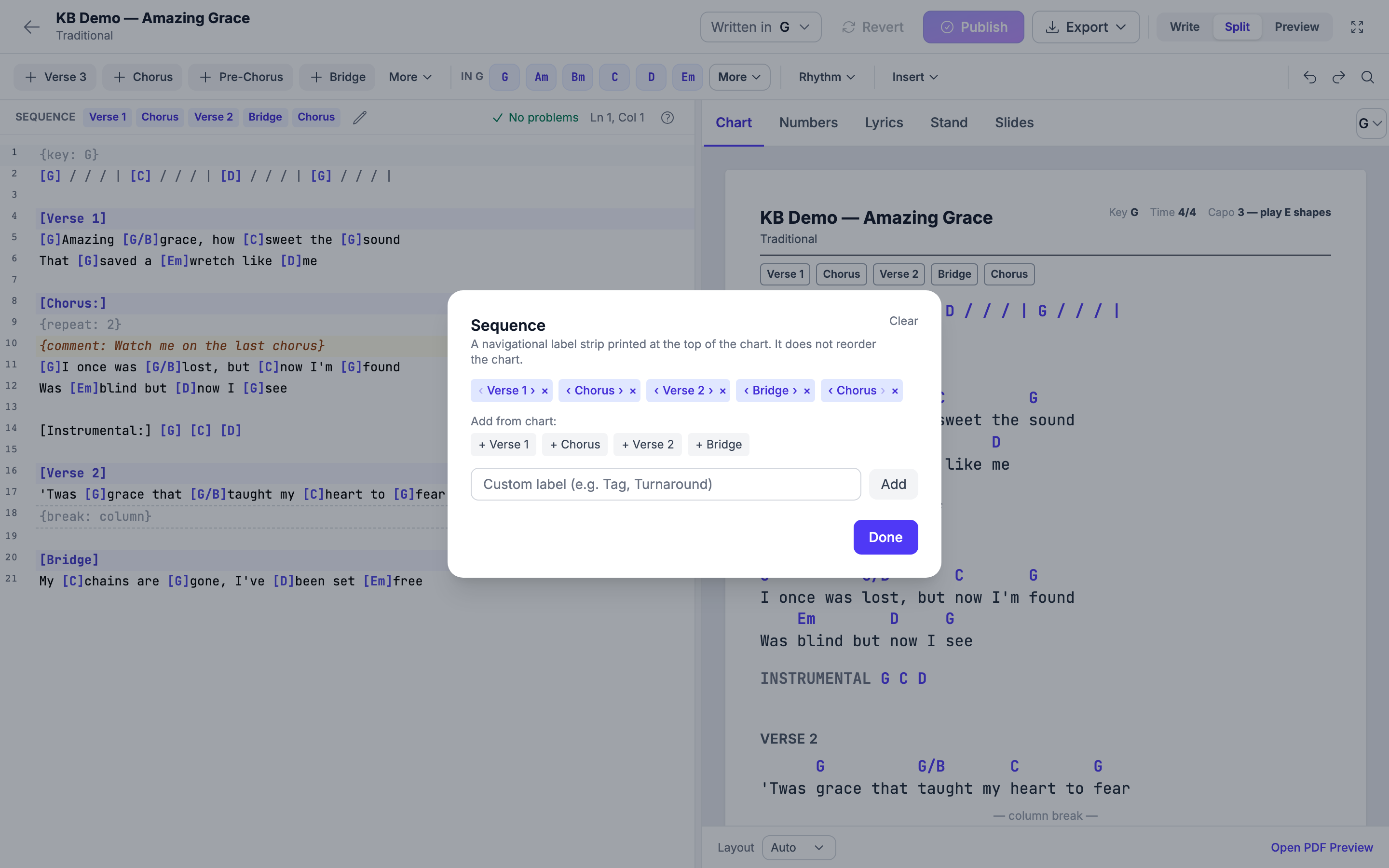 The sequence editor open, showing the song's sections as chips in playing order with Move left, Move right and Remove buttons, the Add from chart list and Done