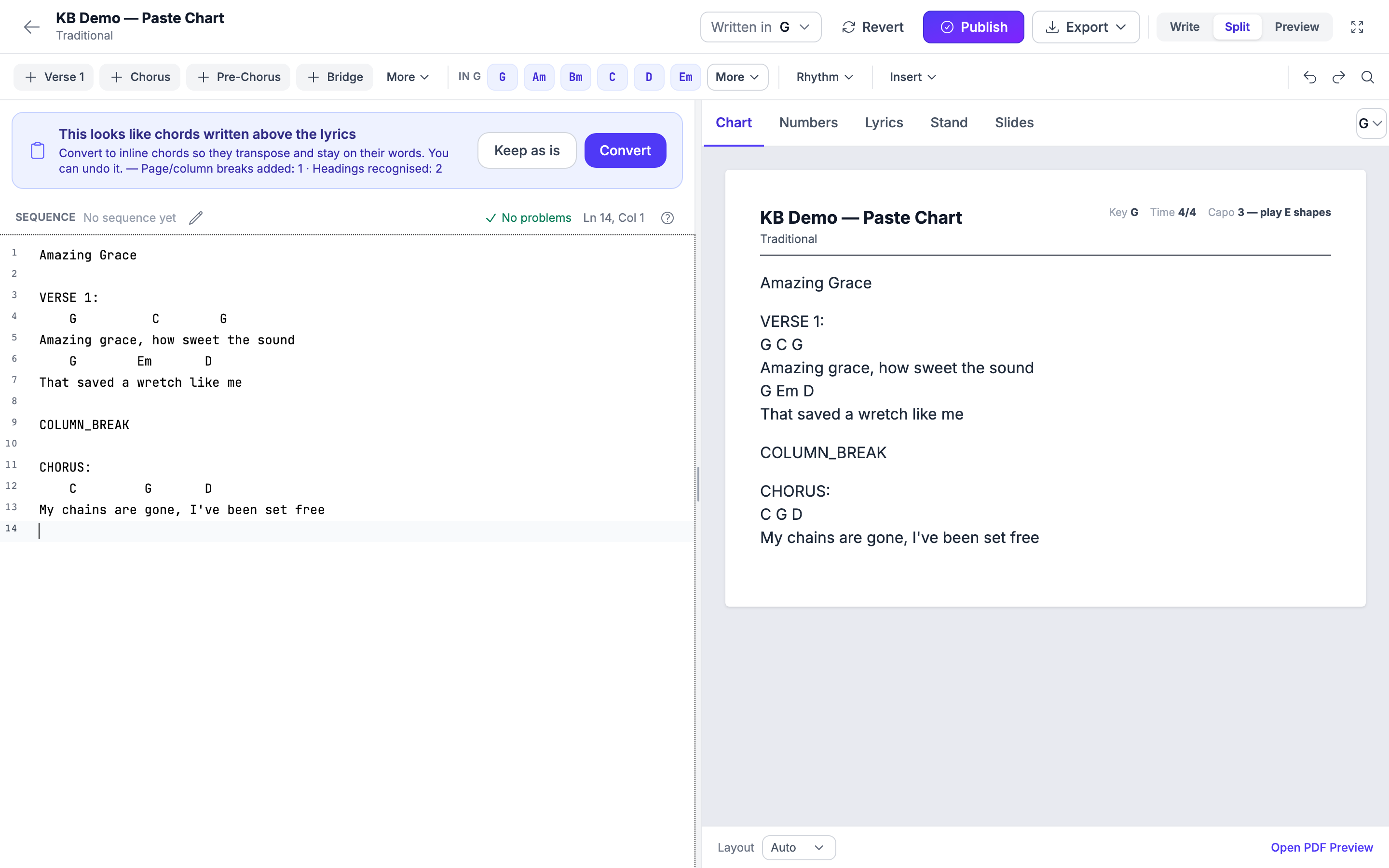 The smart-paste banner after pasting chords above lyrics, offering Convert or Keep as is, with the count of layout codes removed and headings recognised