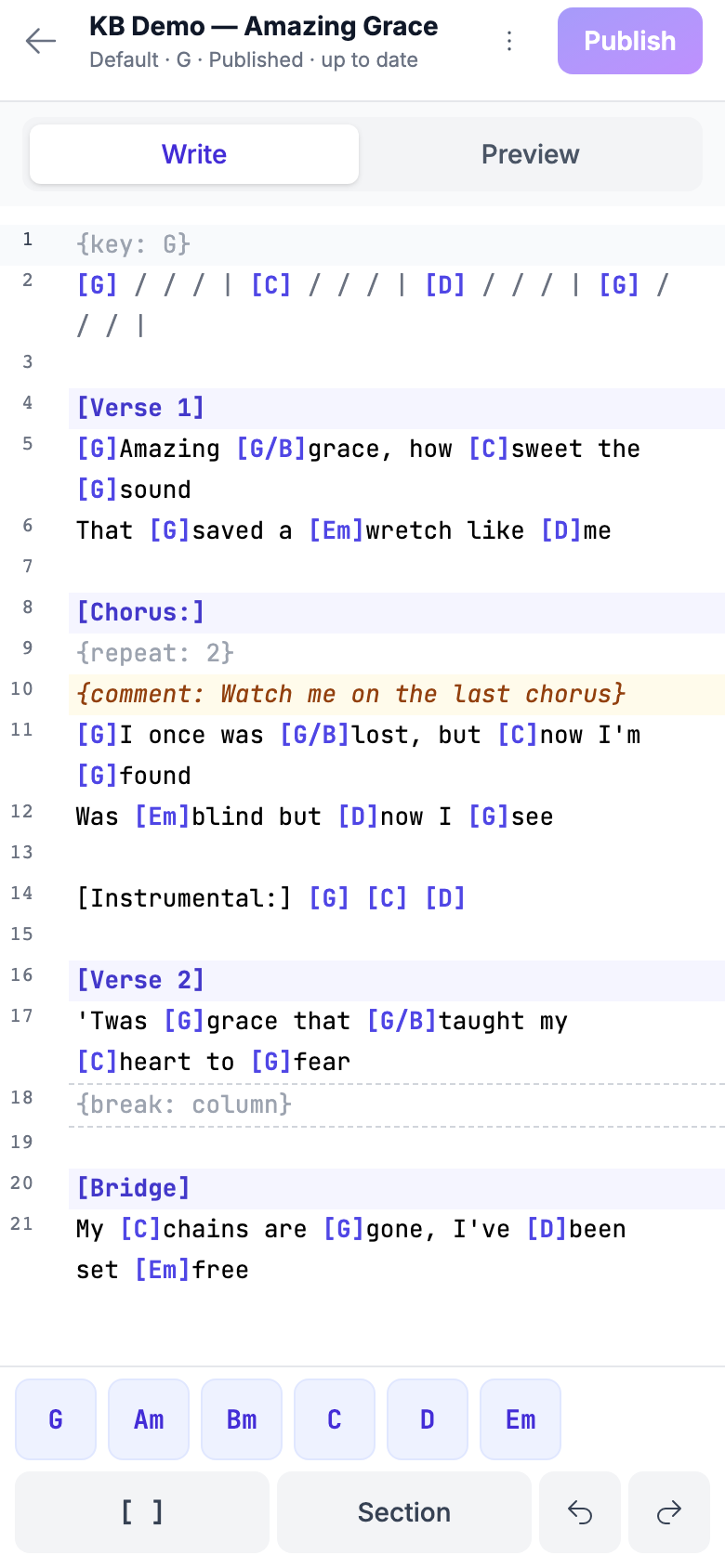 The editor on a phone in Write mode, with the bottom bar and the write pane filling the screen