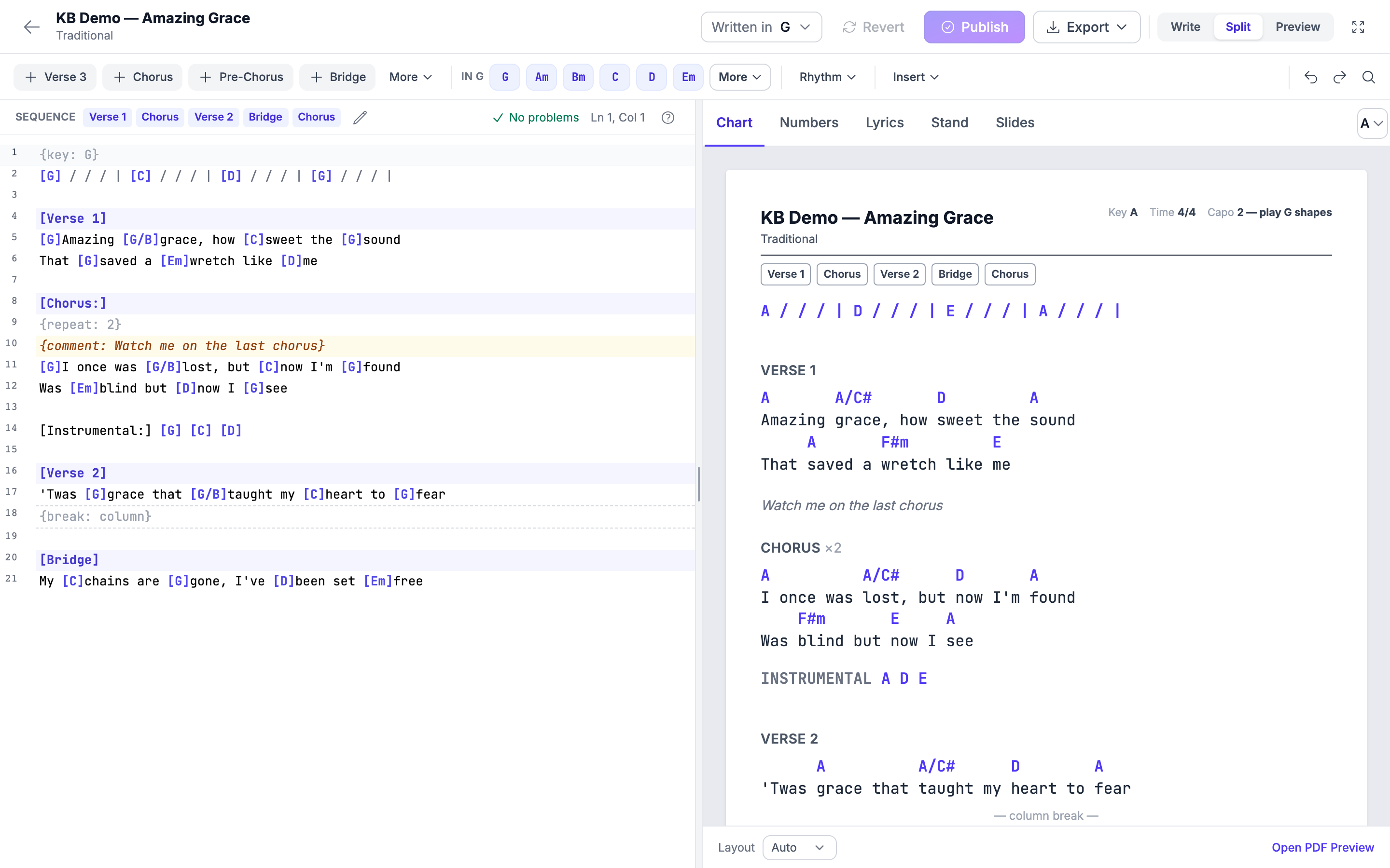 The View in menu open with another key chosen: the preview transposed with a capo hint, while the text in the write pane is unchanged